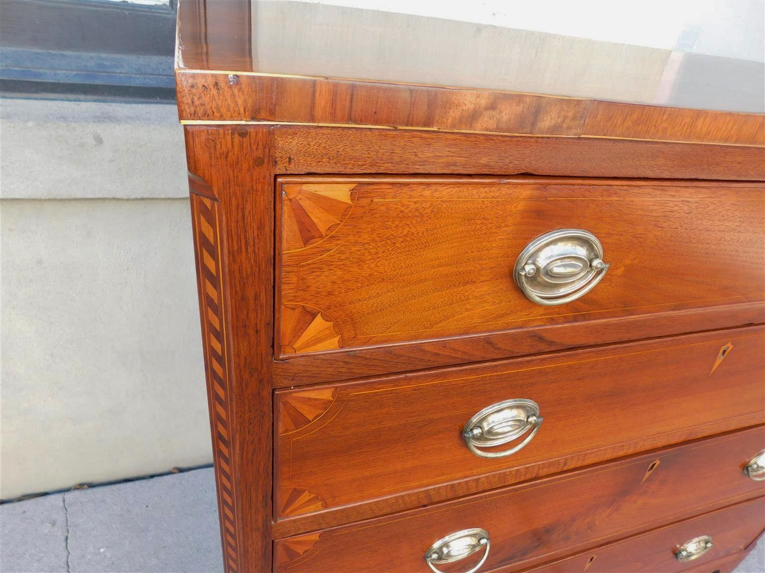 Brass American Chippendale Walnut Inlaid Chest of Drawers with Orig. Bracket Feet 1790 For Sale