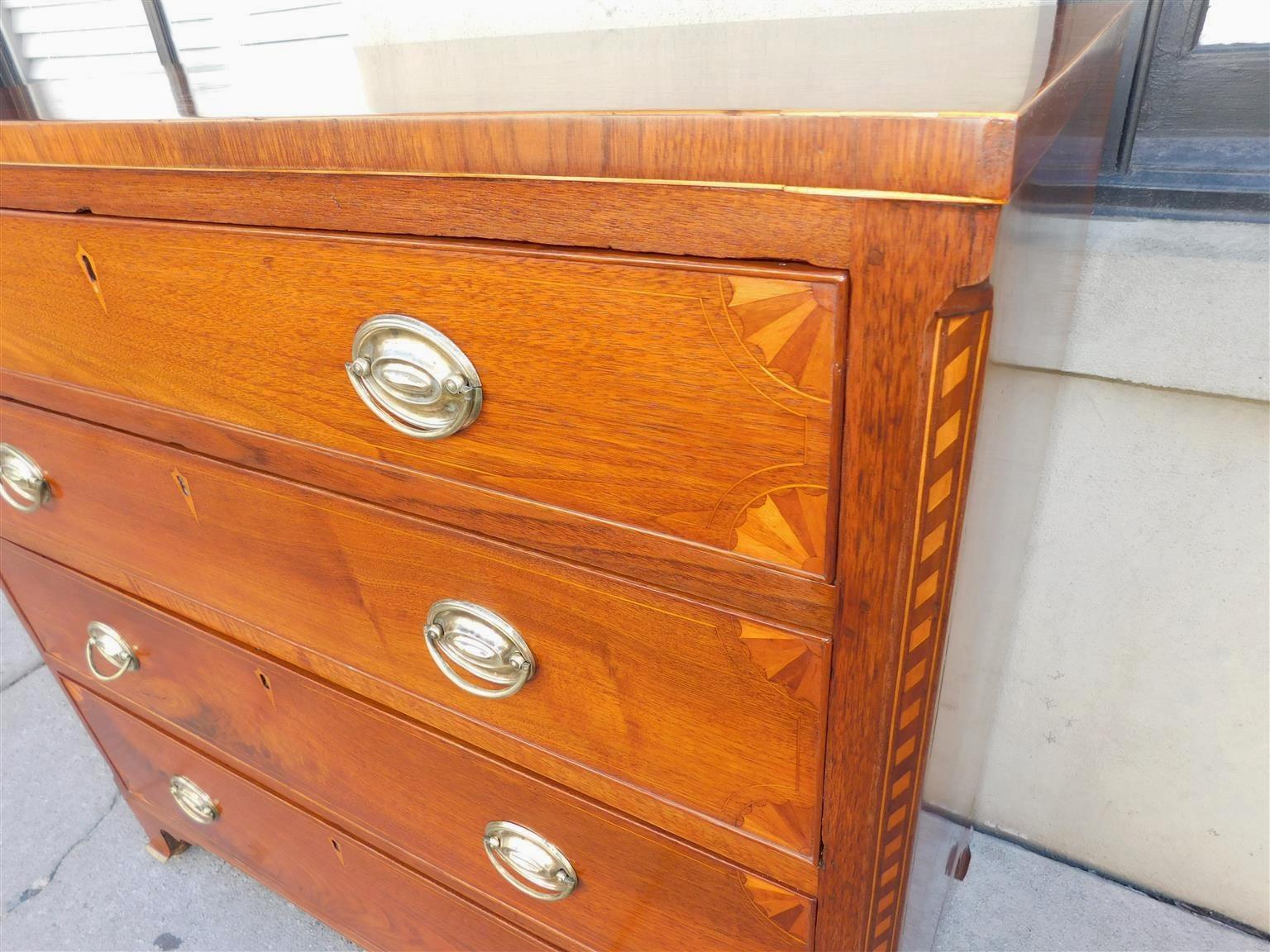 American Chippendale Walnut Inlaid Chest of Drawers with Orig. Bracket Feet 1790 For Sale 1