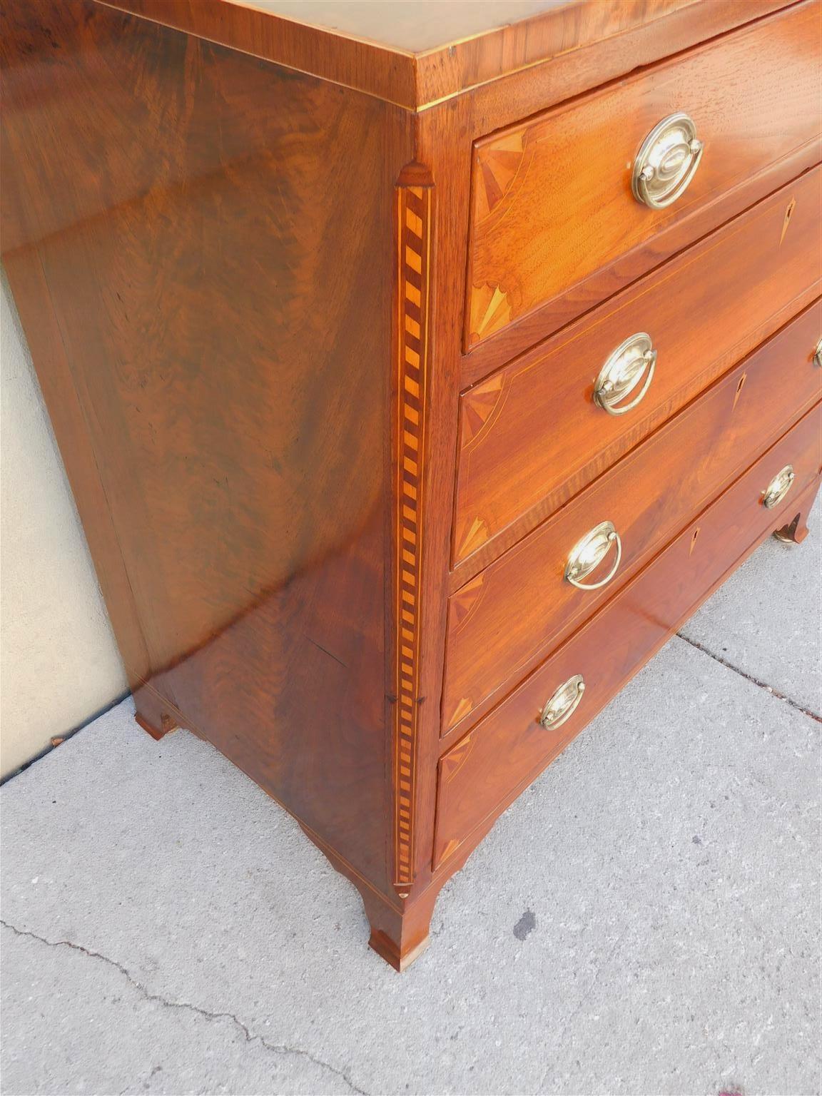 American Chippendale Walnut Inlaid Chest of Drawers with Orig. Bracket Feet 1790 For Sale 2