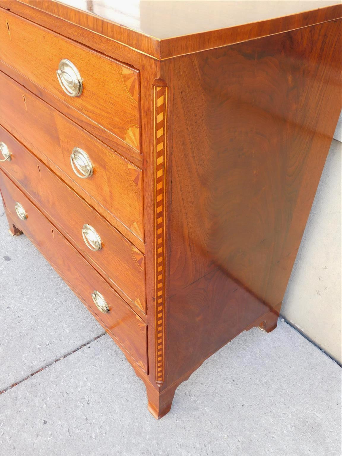 American Chippendale Walnut Inlaid Chest of Drawers with Orig. Bracket Feet 1790 For Sale 3