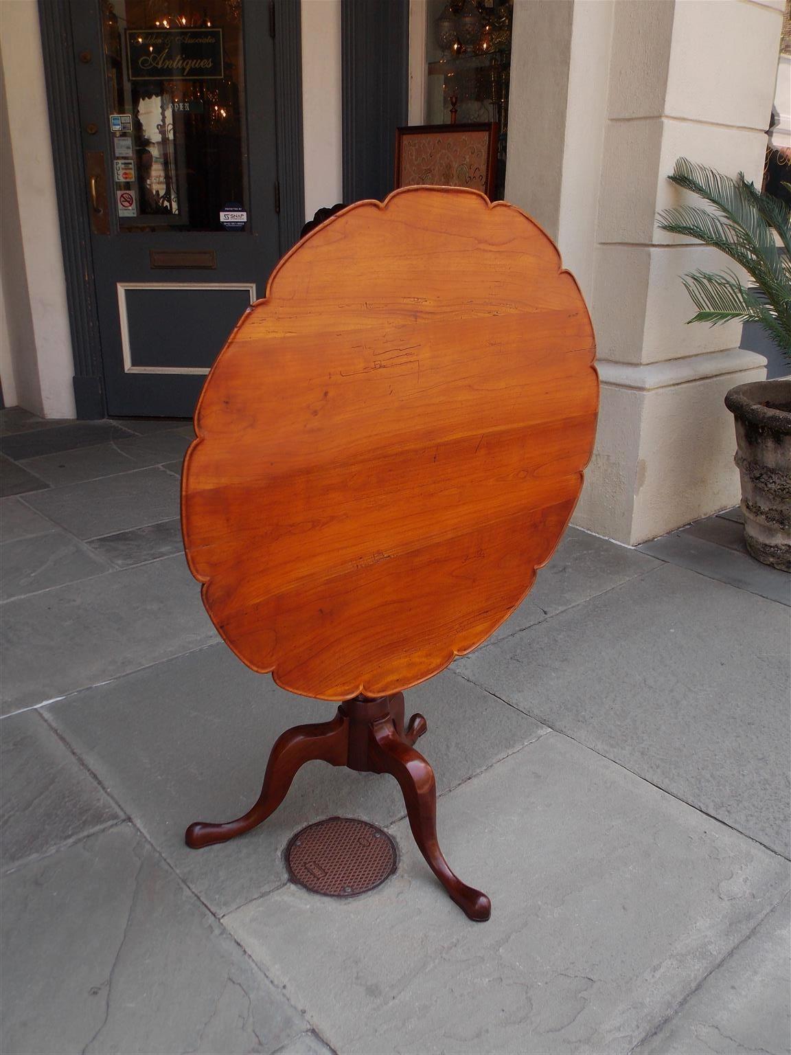American Chippendale walnut and mahogany tilt-top tea table with a carved scalloped molded edge, exposed dovetail open hinged box, original brass locking mechanism, turned bulbous urn center pedestal, and terminating on the original cabriole legs,