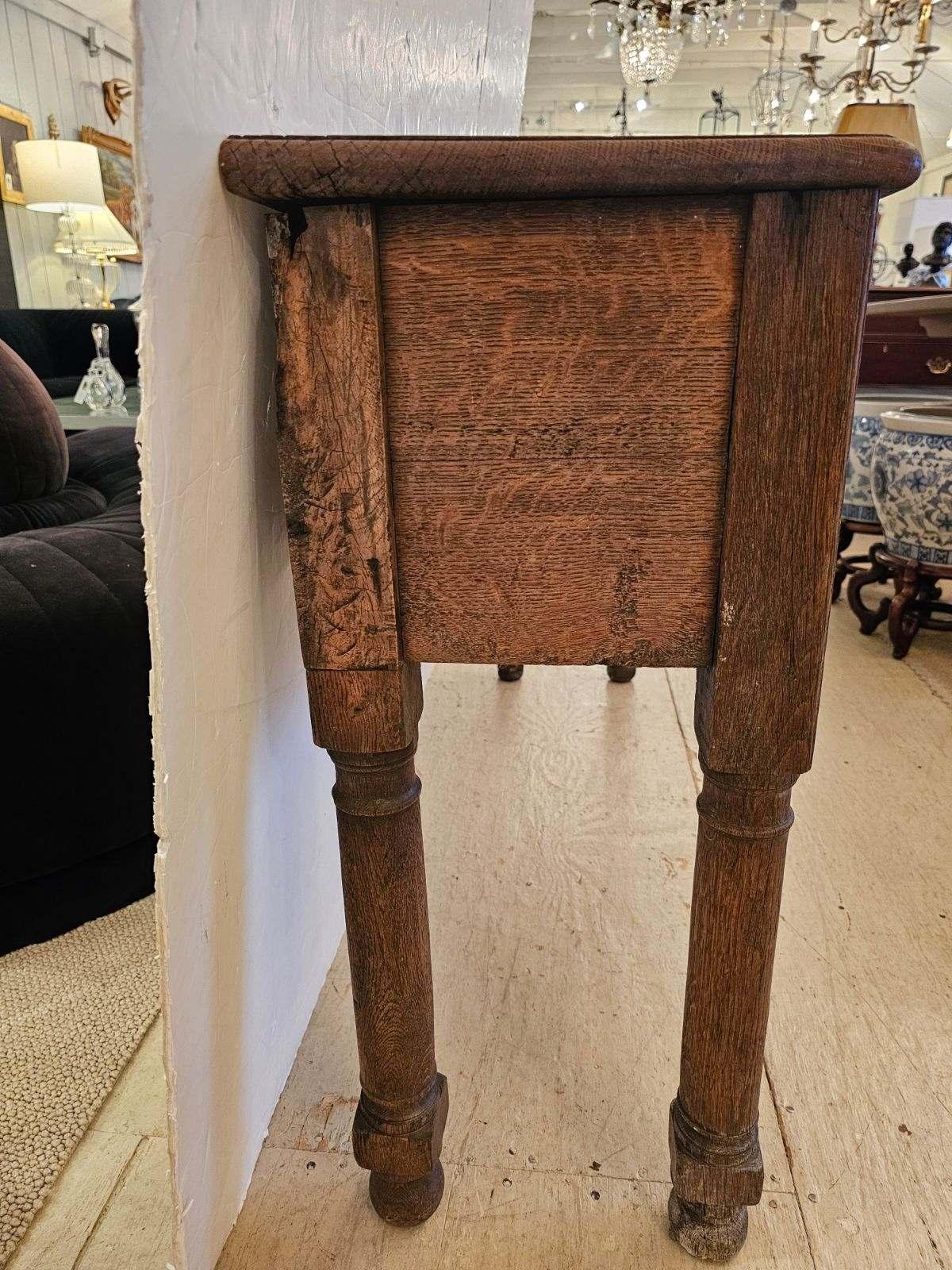 American Chunky Primitive Oak Console with iron Handles In Distressed Condition In Hopewell, NJ