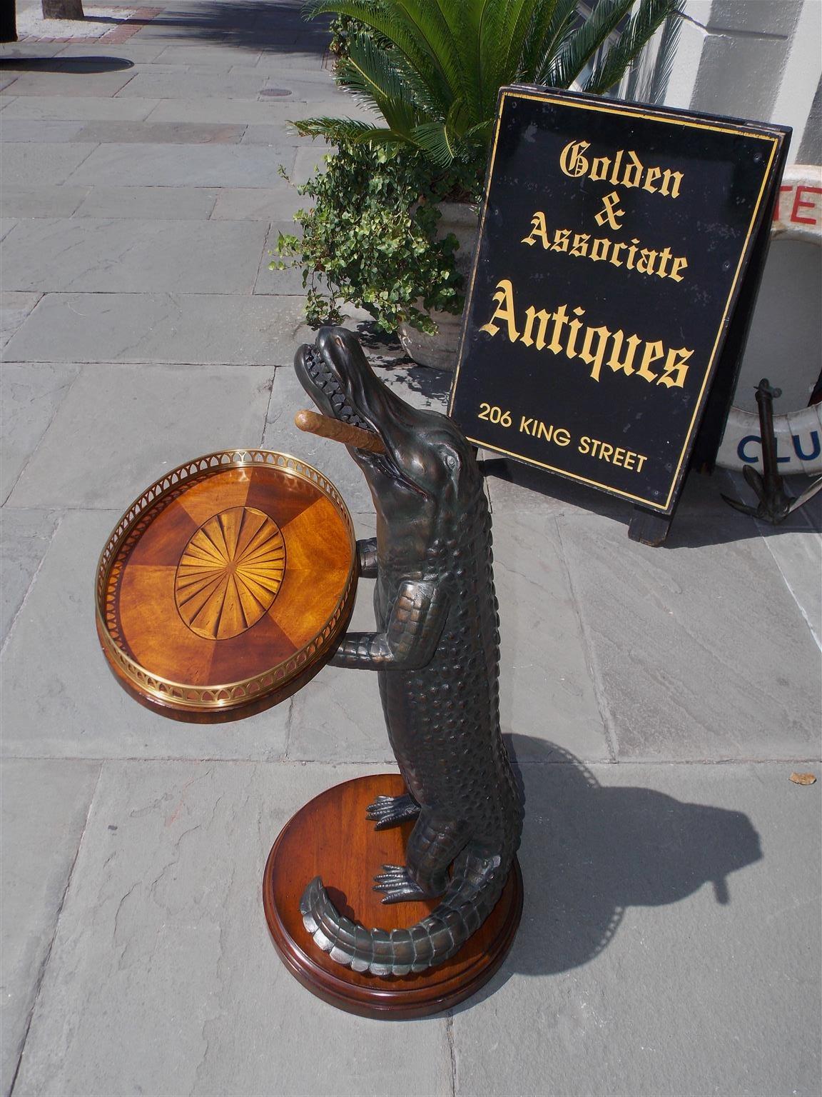 Hand-Carved American Cigar Resin Alligator with Oval Marquetry Brass Gallery Tray. 20th Cent