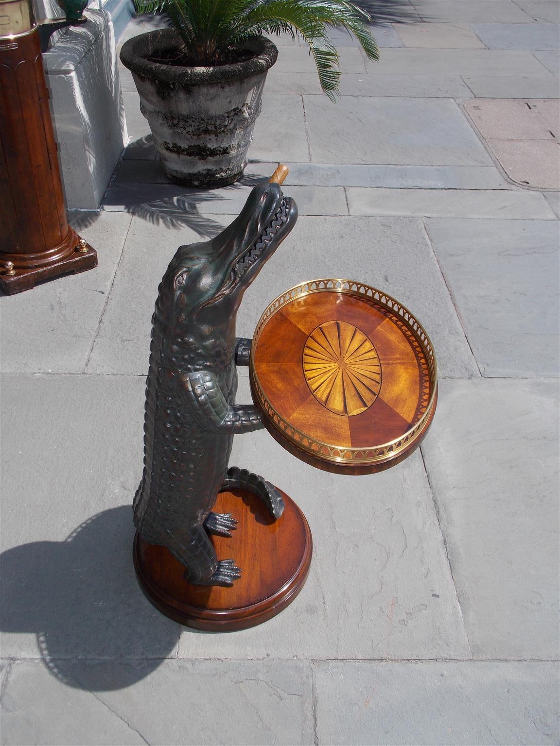 American Cigar Resin Alligator with Oval Marquetry Brass Gallery Tray. 20th Cent In Excellent Condition In Hollywood, SC