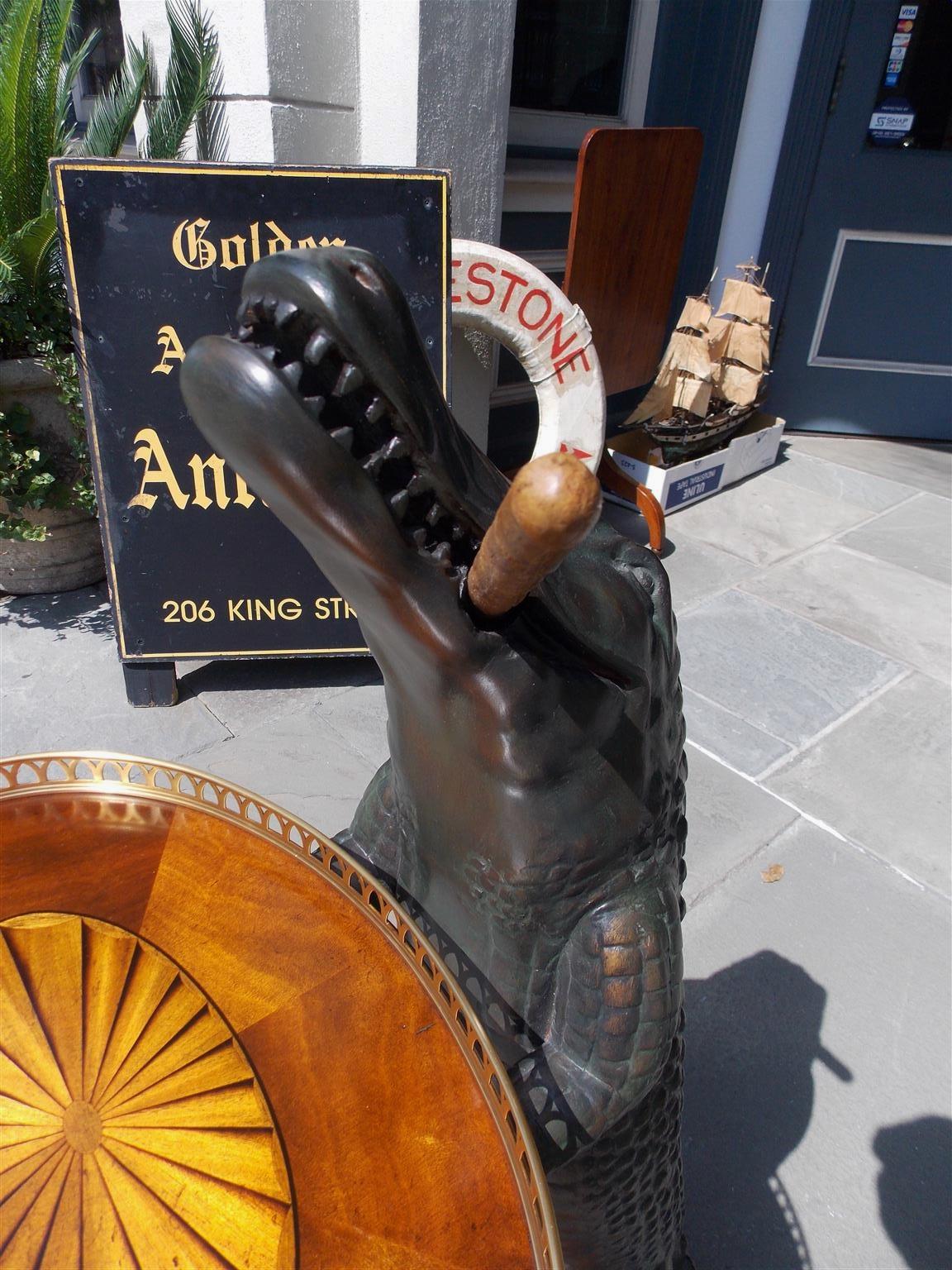 20th Century American Cigar Resin Alligator with Oval Marquetry Brass Gallery Tray. 20th Cent