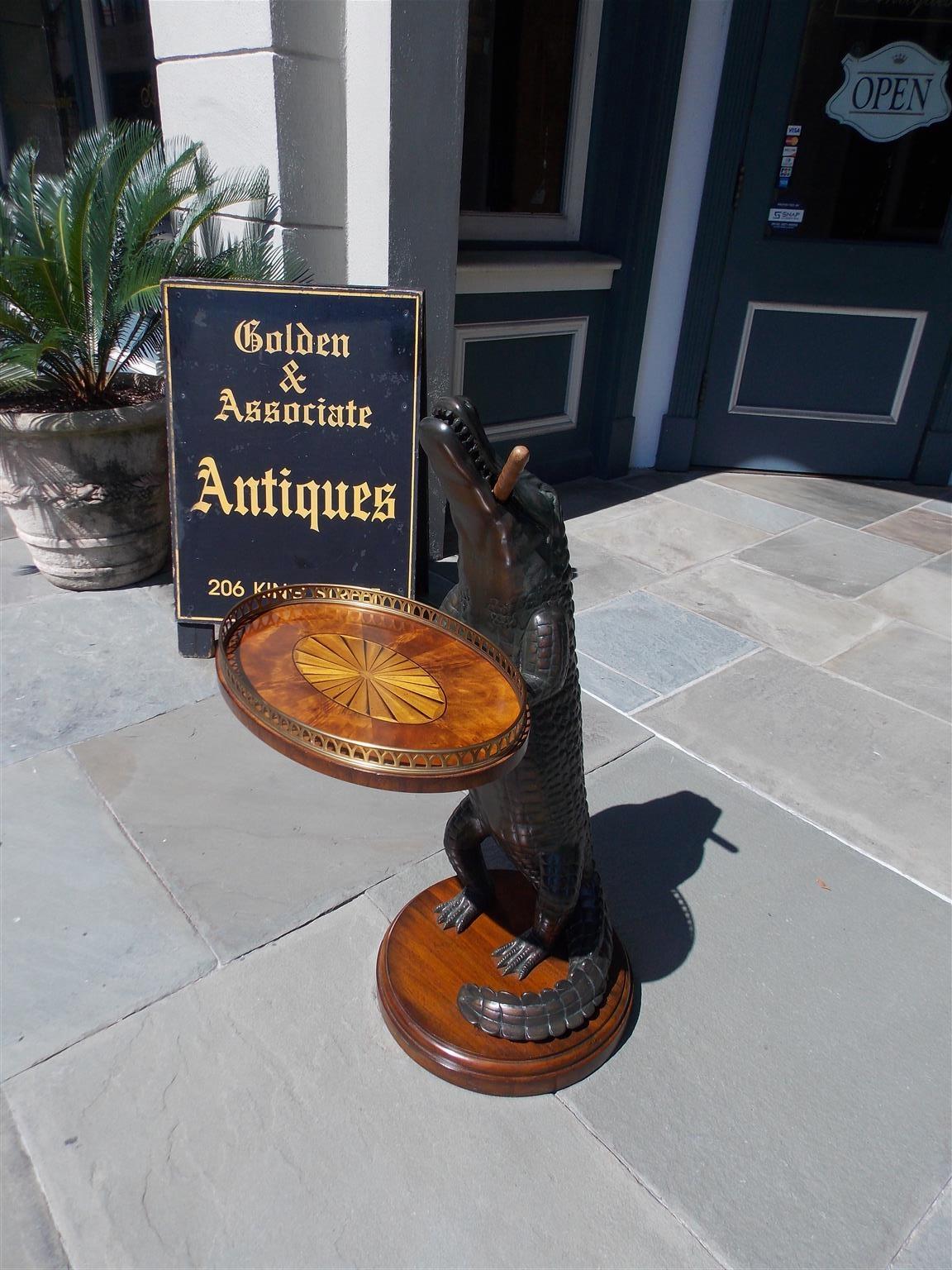 Modern American Cigar Resin Alligator with Oval Marquetry Brass Gallery Tray. 20th Cent