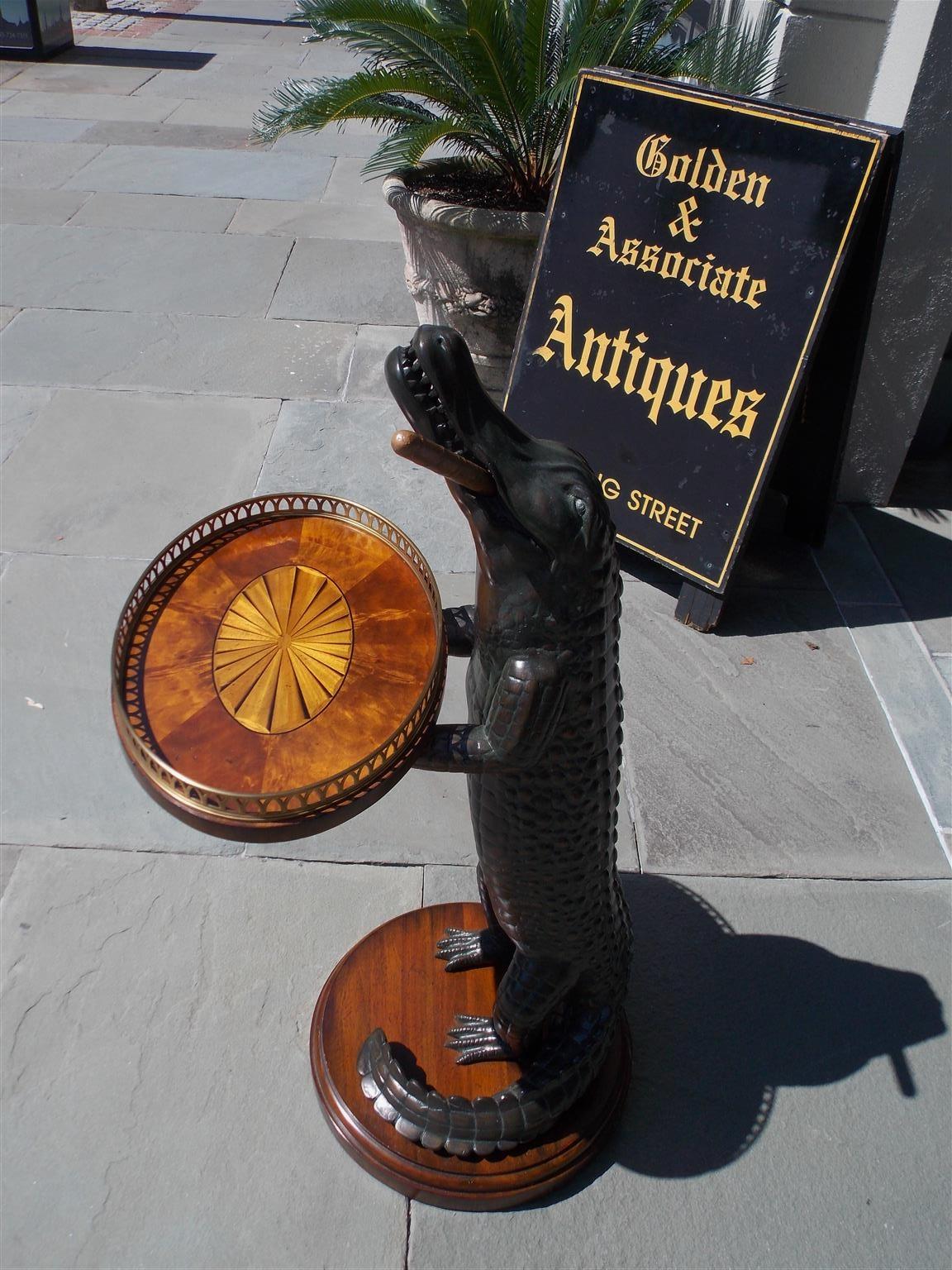 Hand-Carved American Cigar Resin Alligator with Oval Marquetry Brass Gallery Tray. 20th Cent