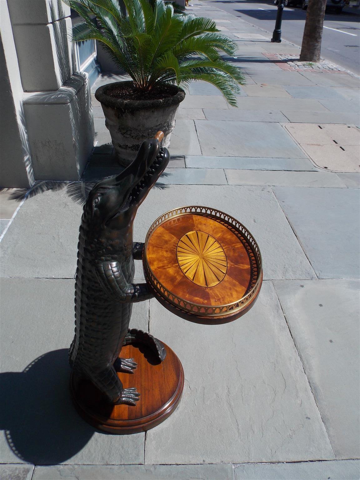 American Cigar Resin Alligator with Oval Marquetry Brass Gallery Tray. 20th Cent In Excellent Condition In Hollywood, SC