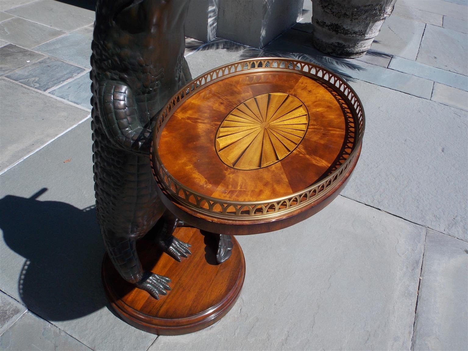20th Century American Cigar Resin Alligator with Oval Marquetry Brass Gallery Tray. 20th Cent