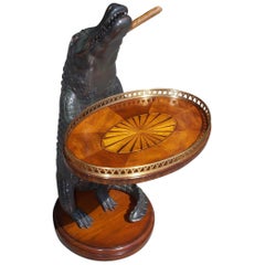 American Cigar Resin Alligator with Oval Marquetry Brass Gallery Tray. 20th Cent