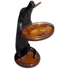 American Cigar Resin Alligator with Oval Marquetry Brass Gallery Tray. 20th Cent