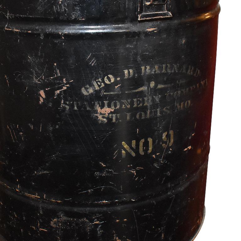 Black cylindrical 19th century ballot box by Geo Barnard & Company of Saint Louis Missouri. A wonderful piece of history, this State government ballot box is tall and round in form. A tin metal cylindrical drum with a lid that opens and closes and