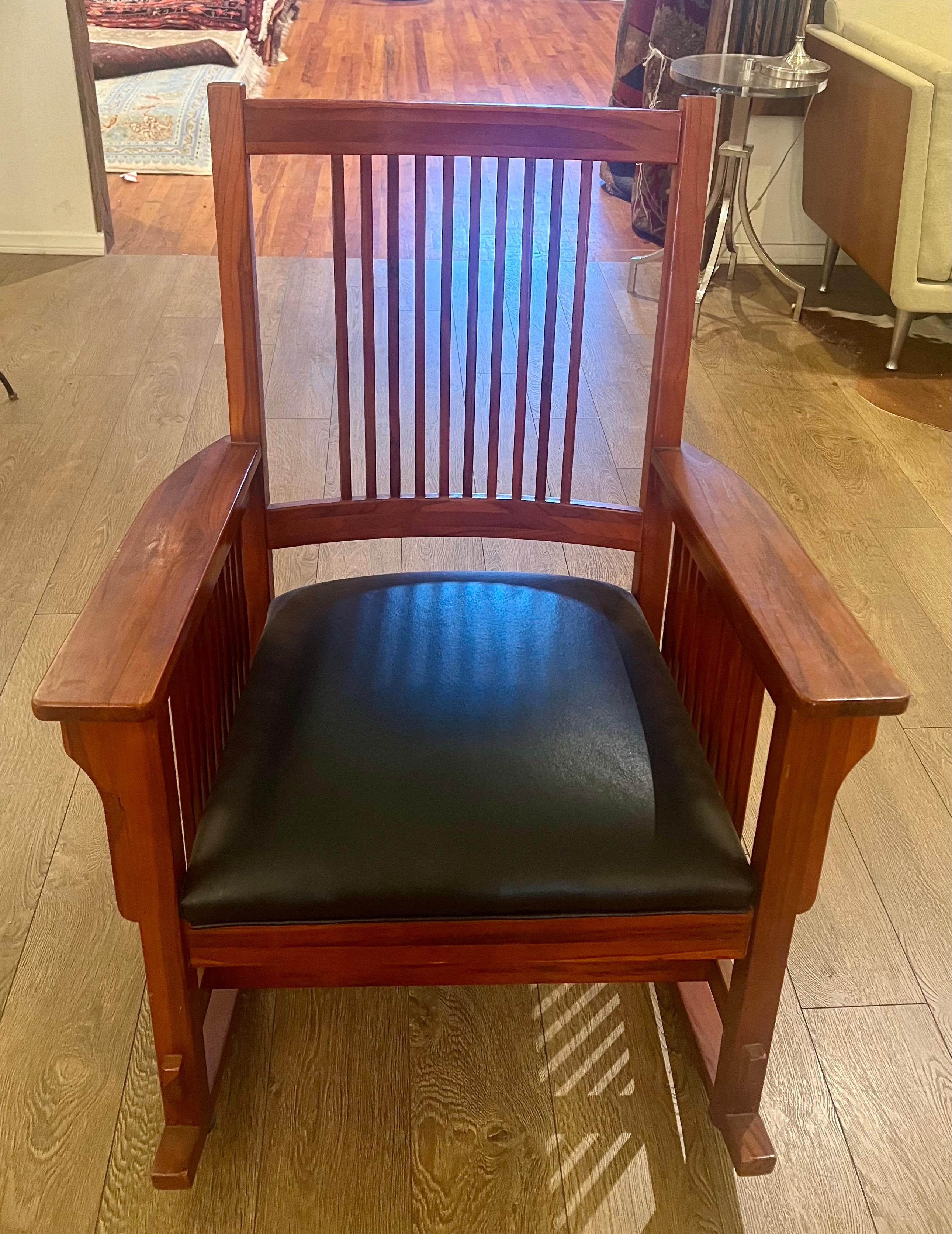 20th Century American Classic Solid Cherry & Leather Seat Rocking Chair Mission Style For Sale