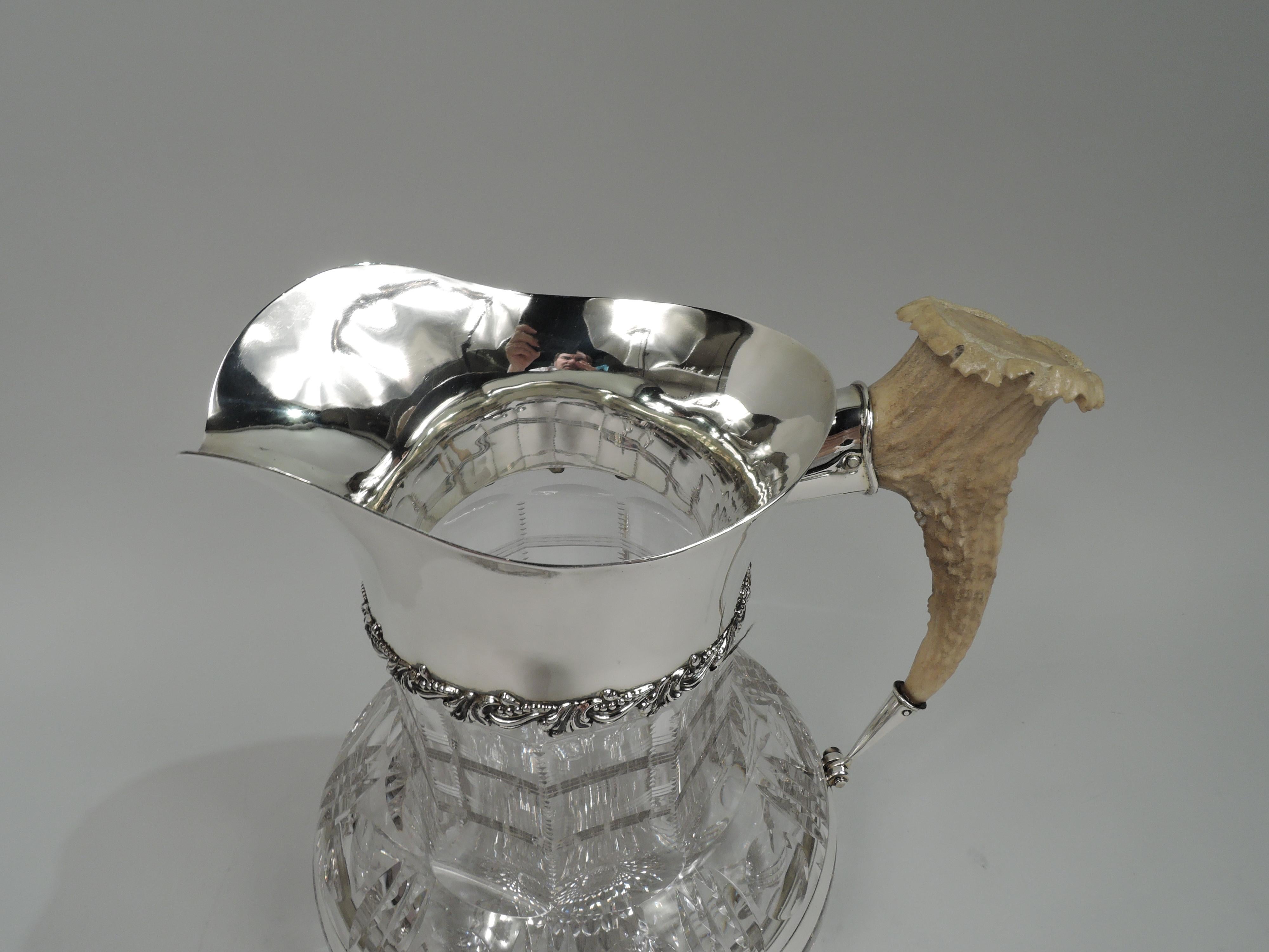 Edwardian American Classical Cut-Glass Water Pitcher with Big-Game Horn Handle For Sale