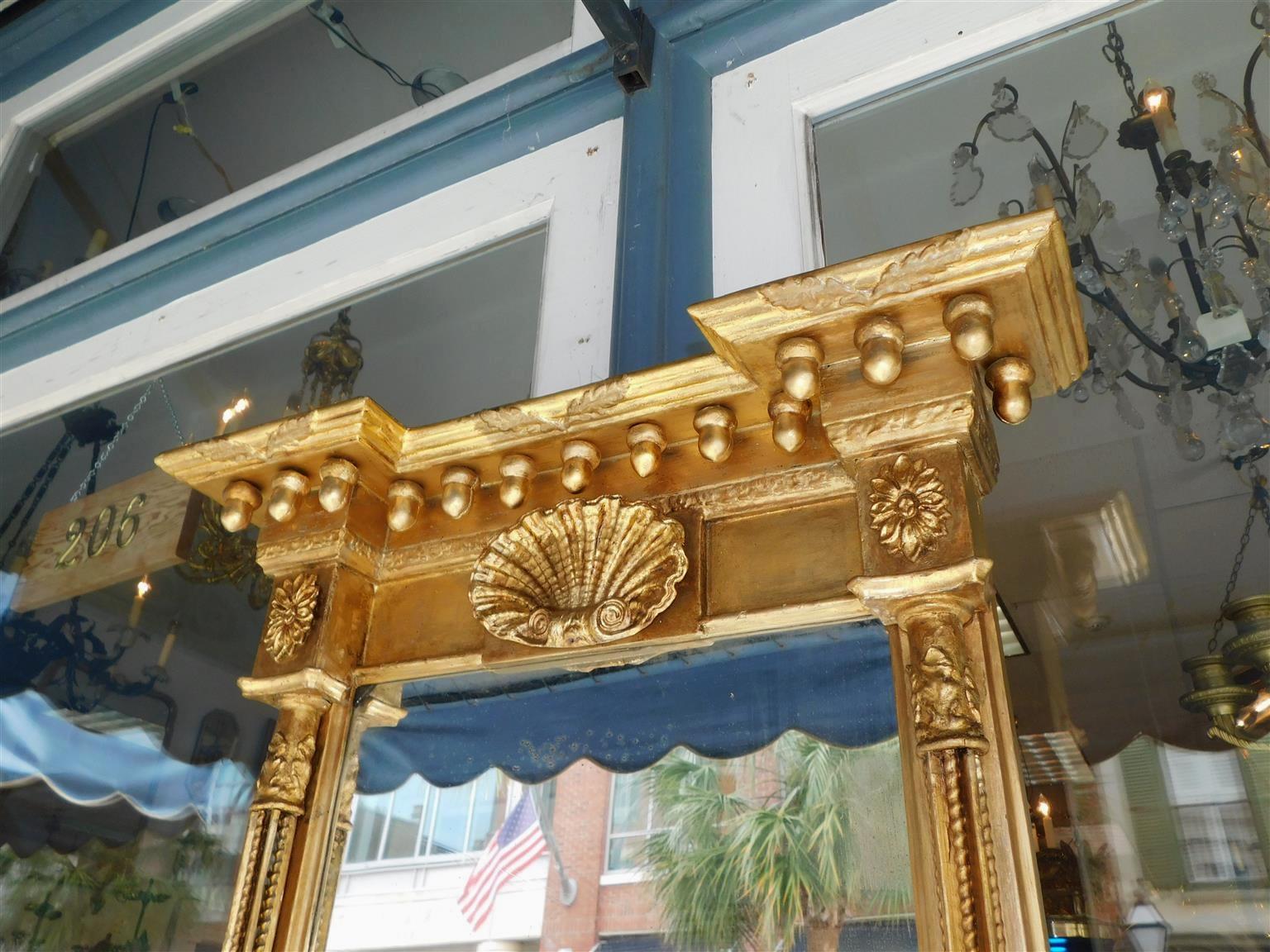 American Classical Gilt Mirror with Acorn, Shell, and Medallion Carvings C. 1815 For Sale 3