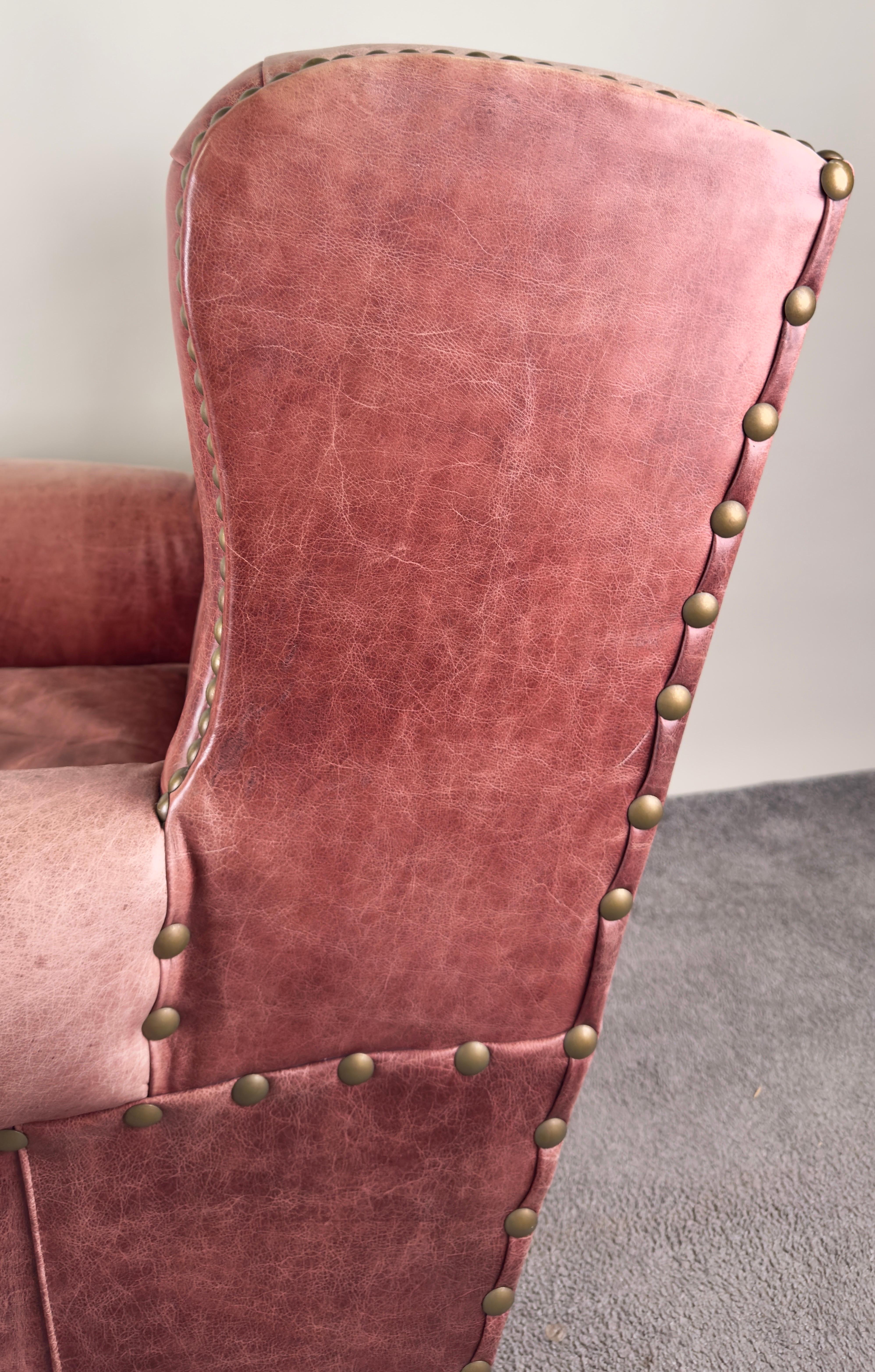 American Classical Style Distressed Leather Red - Brown Oversized Club Chair For Sale 5