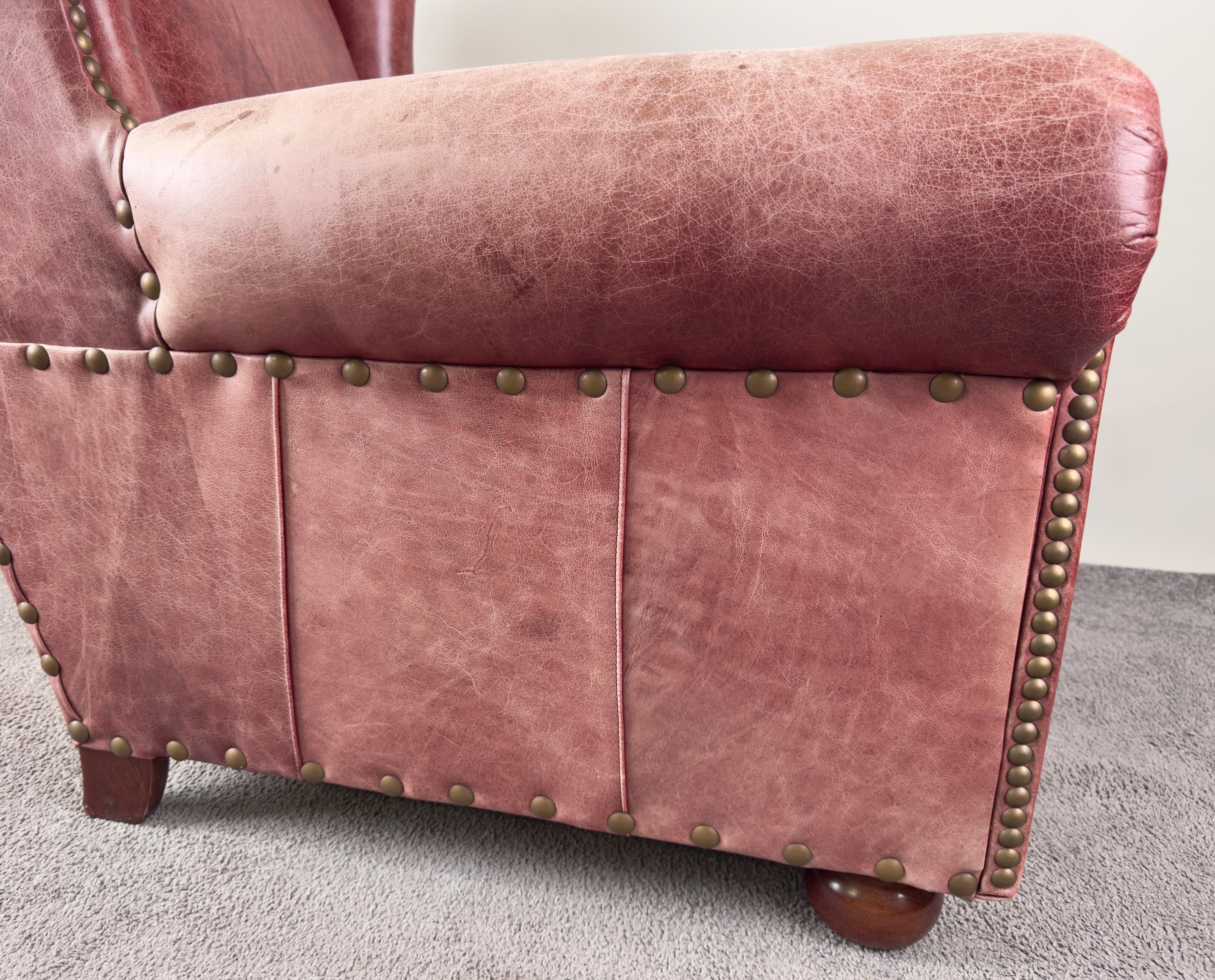 American Classical Style Distressed Leather Red - Brown Oversized Club Chair For Sale 6