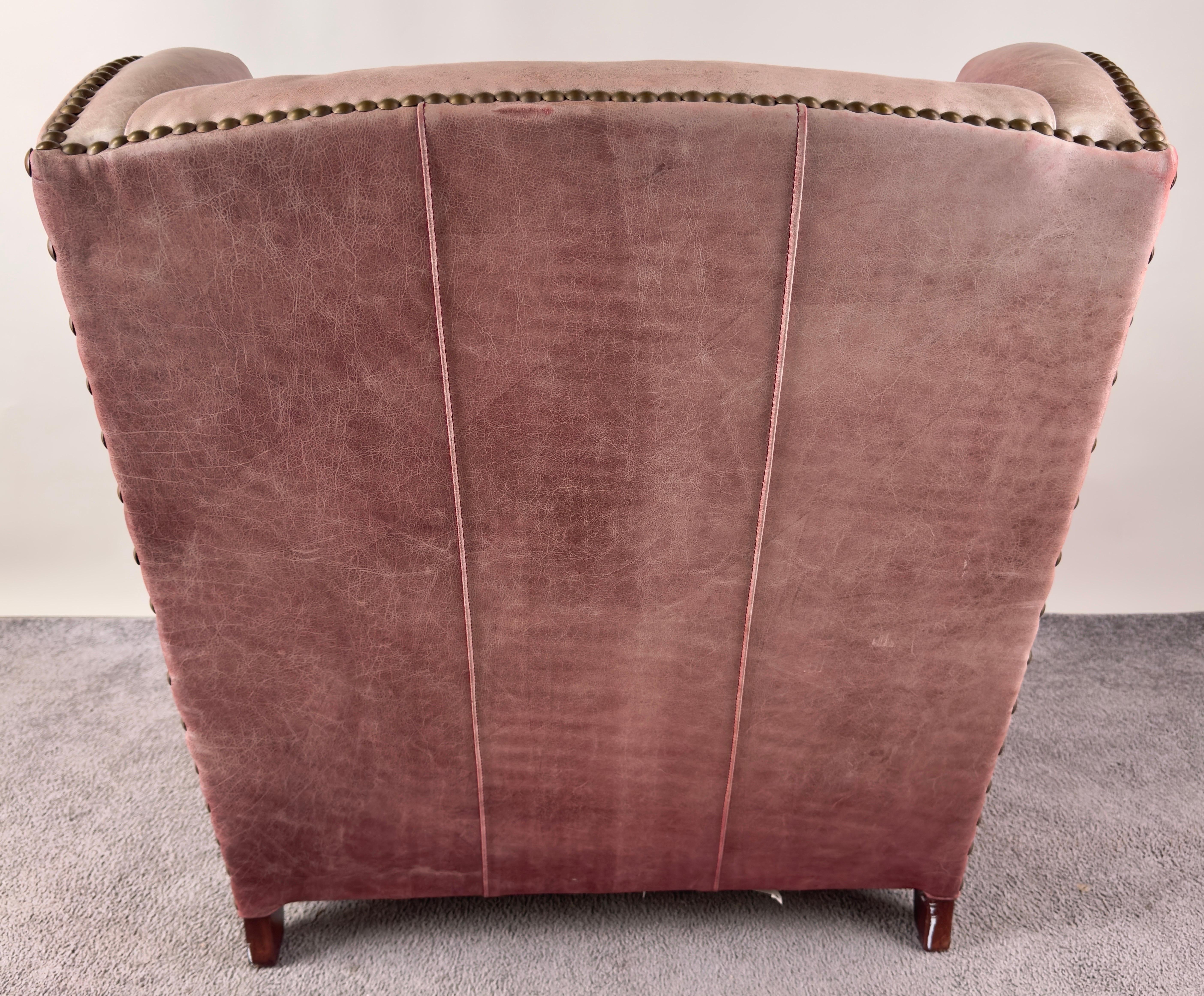 American Classical Style Distressed Leather Red - Brown Oversized Club Chair For Sale 7