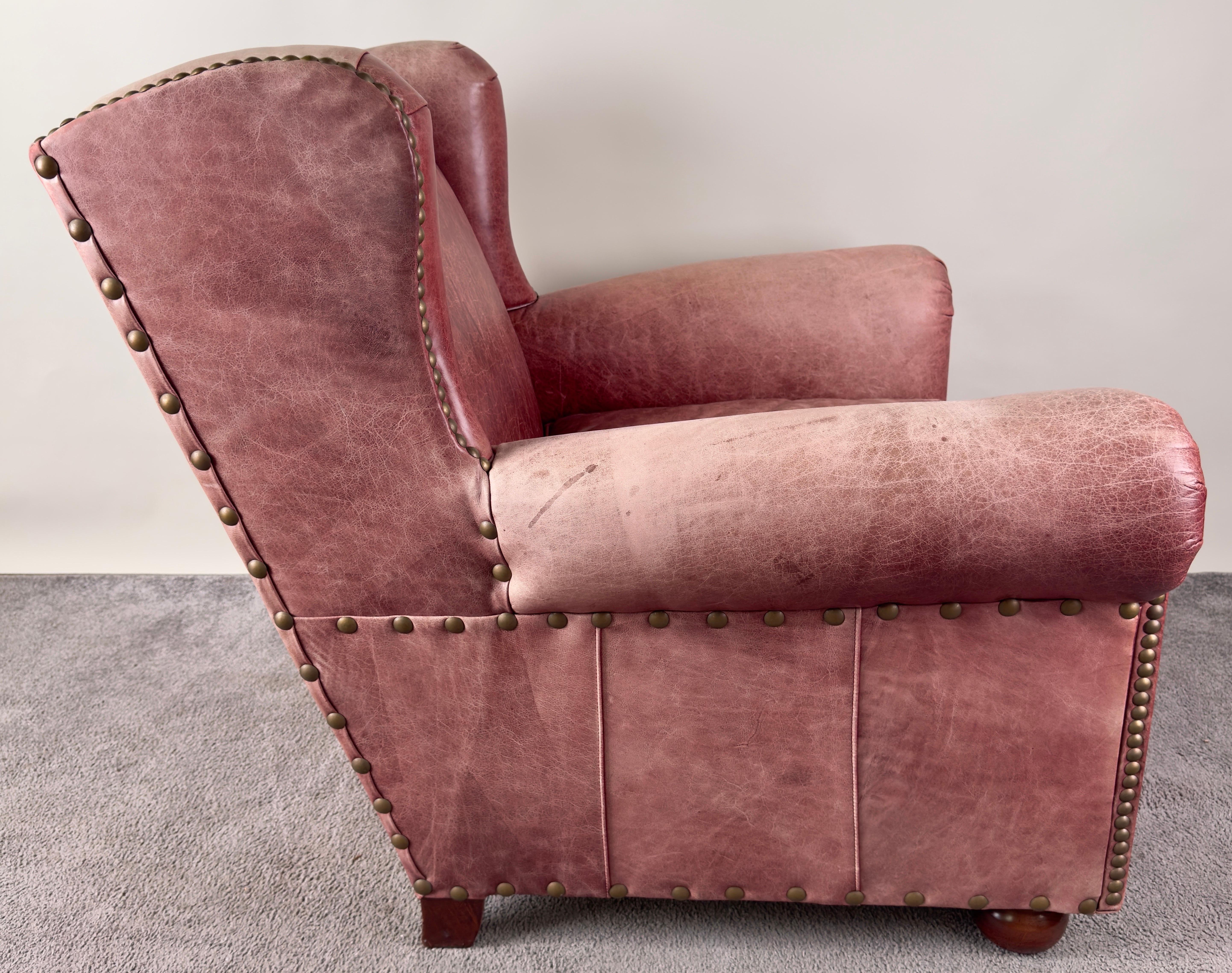 American Classical Style Distressed Leather Red - Brown Oversized Club Chair For Sale 9