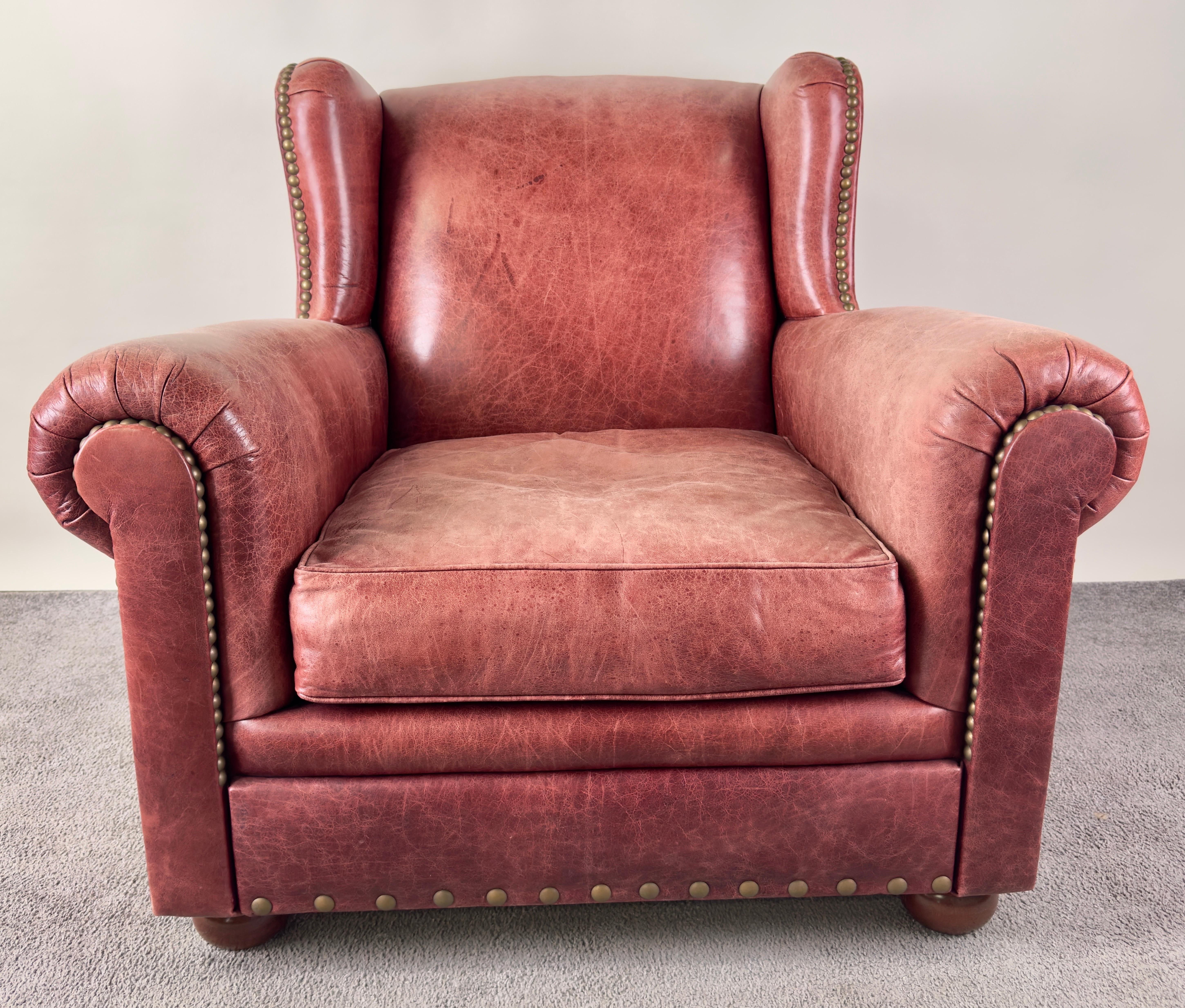North American American Classical Style Distressed Leather Red - Brown Oversized Club Chair For Sale
