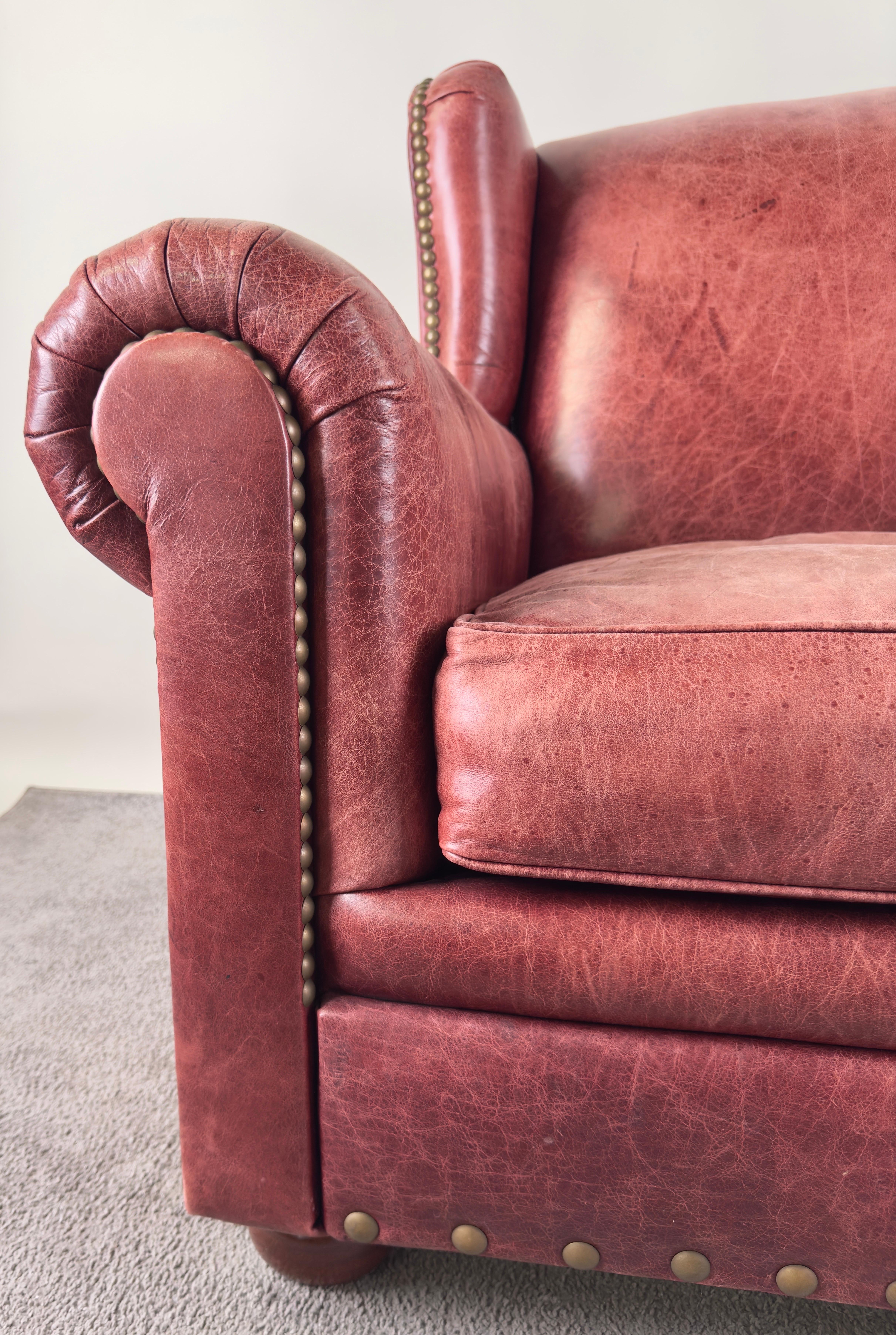 20th Century American Classical Style Distressed Leather Red - Brown Oversized Club Chair For Sale