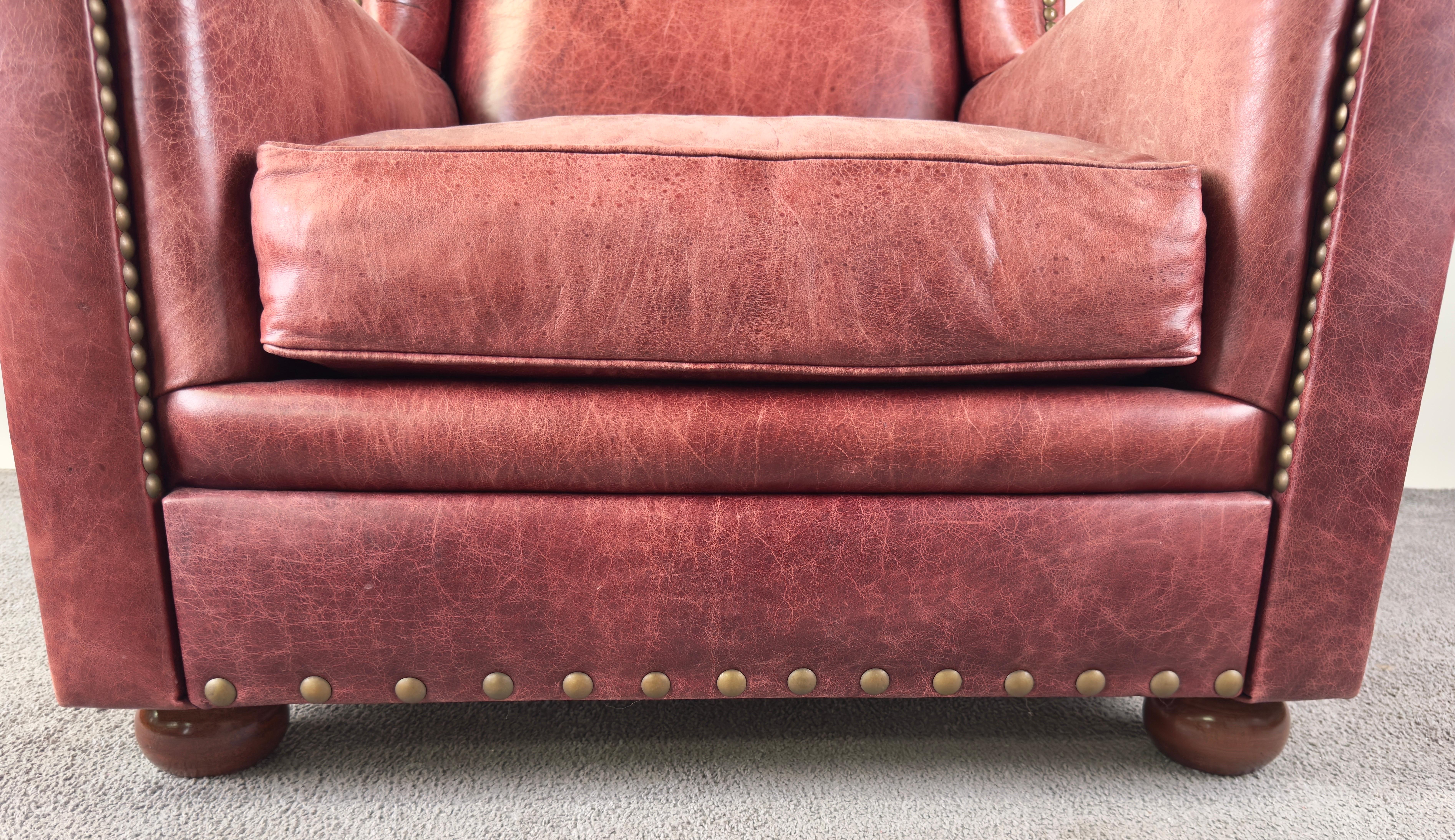 American Classical Style Distressed Leather Red - Brown Oversized Club Chair For Sale 1