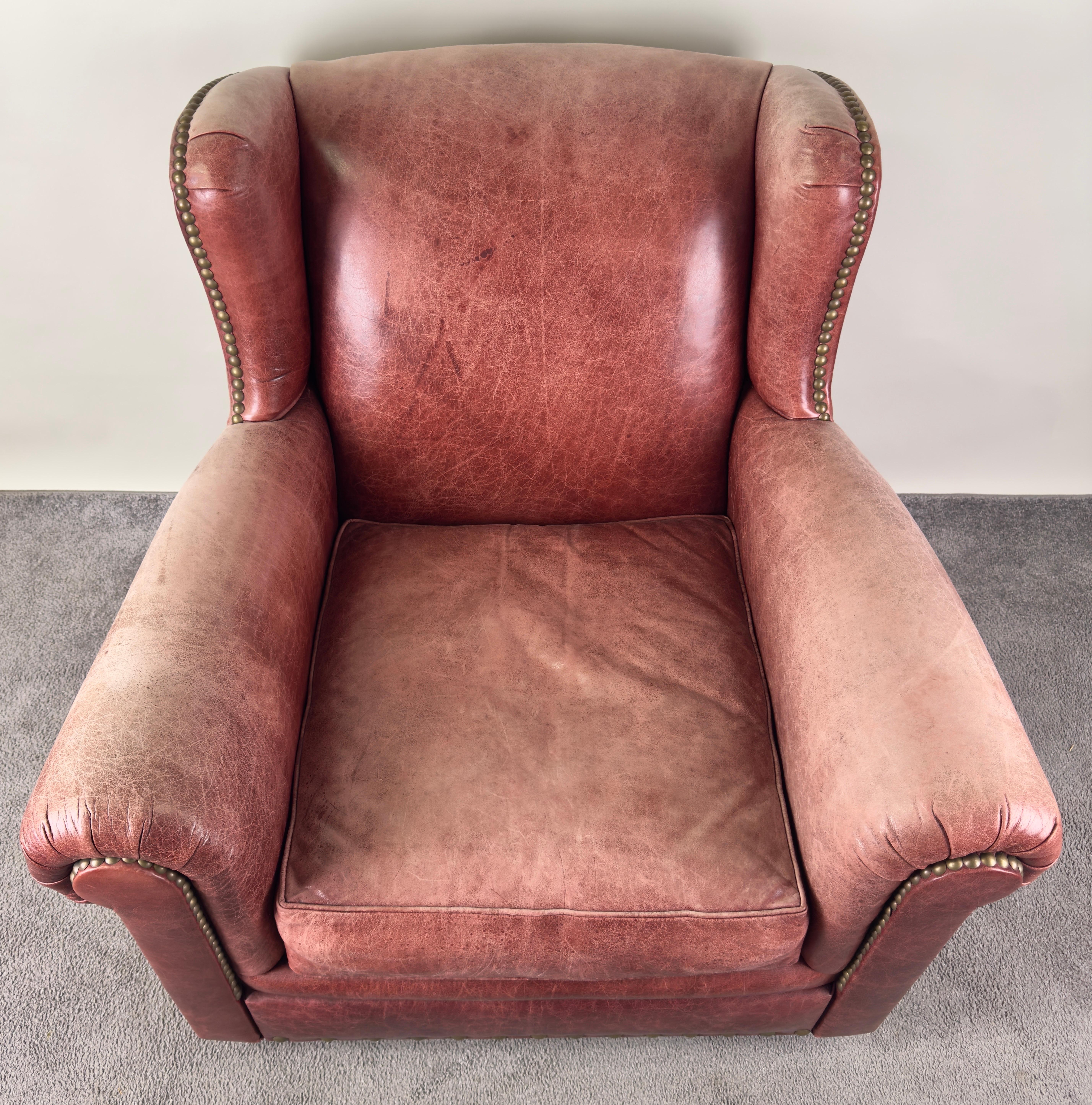 American Classical Style Distressed Leather Red - Brown Oversized Club Chair For Sale 3