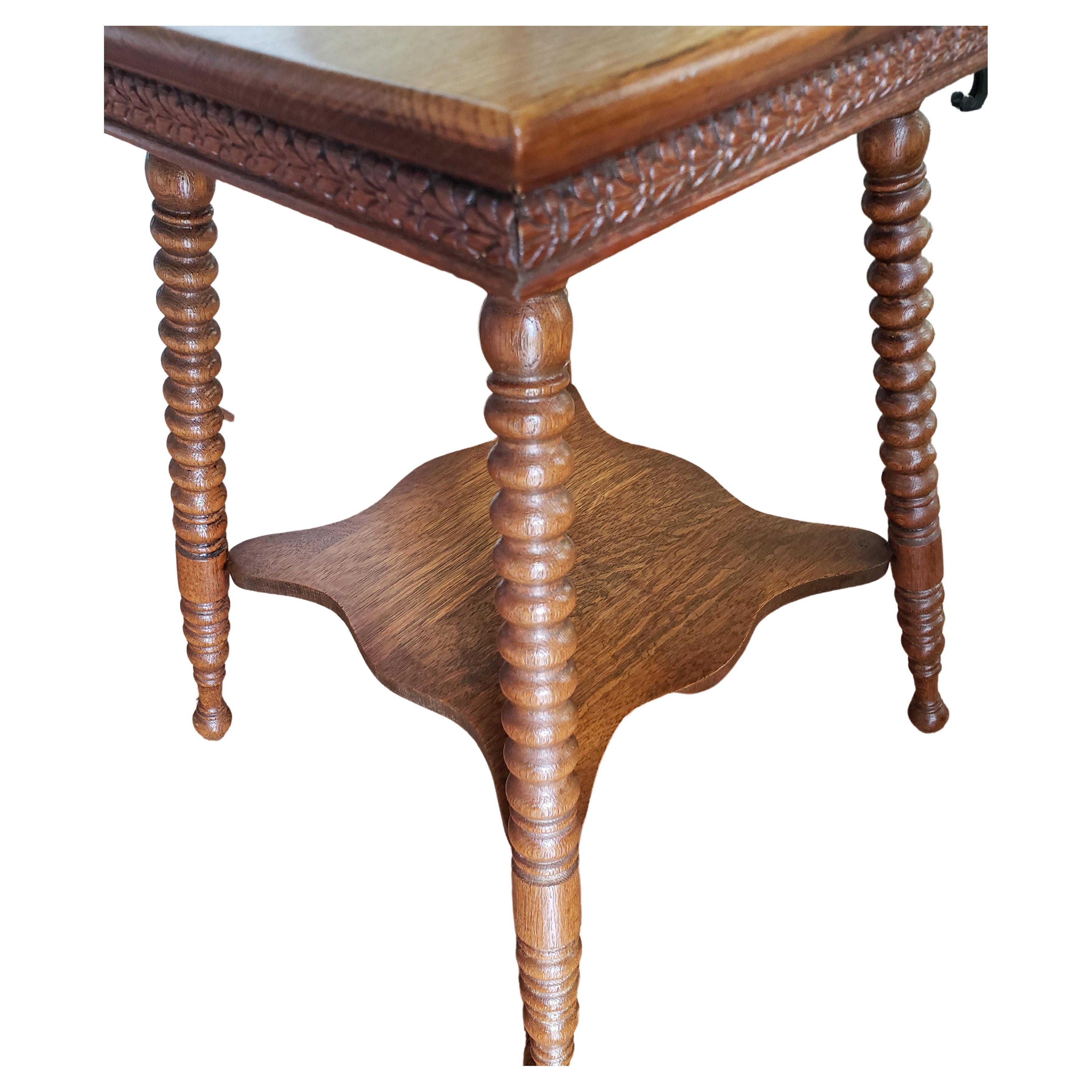 American Classical Two-Tier Square Oak Bobbin Legs Parlor Table, C 1930s For Sale 1