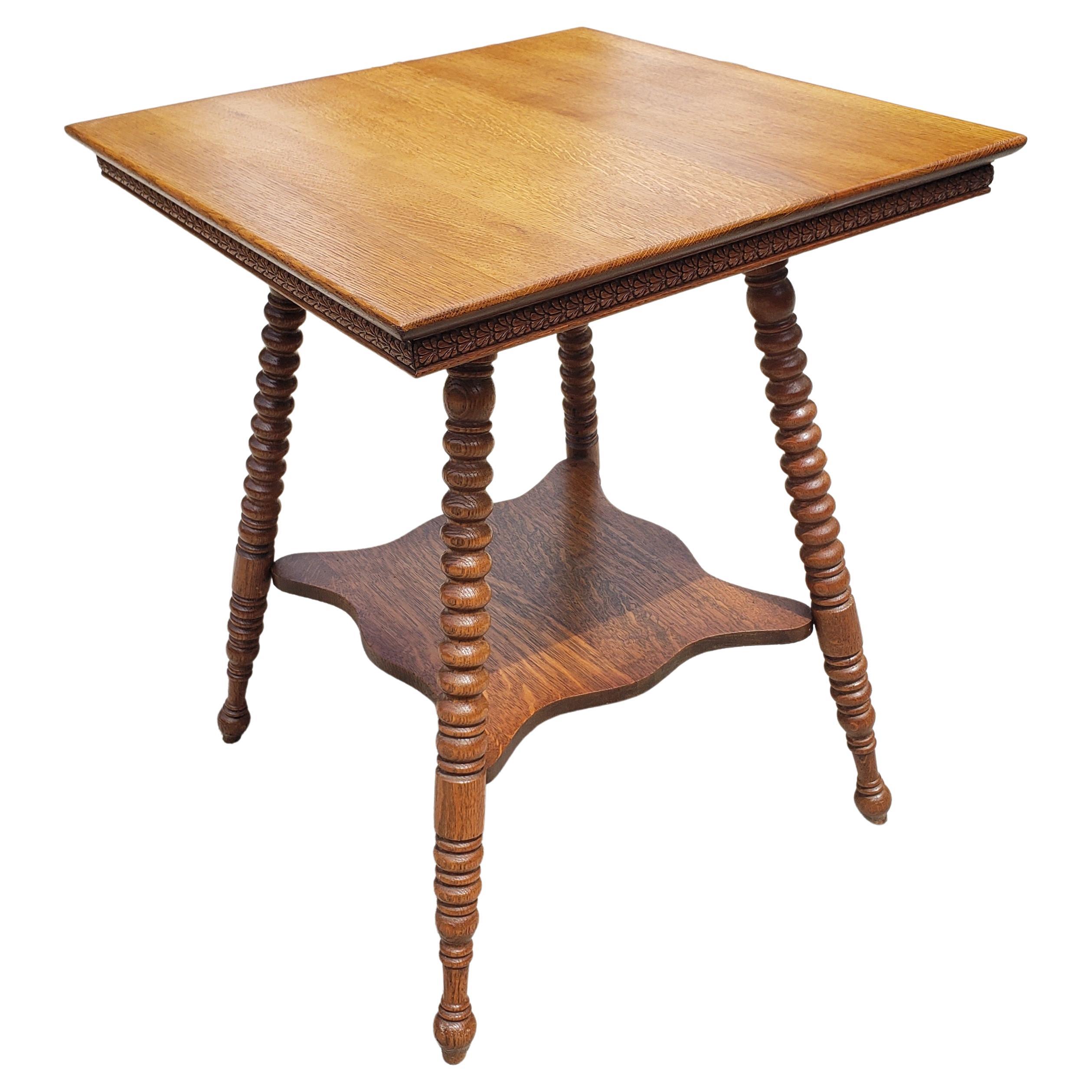 American Classical Two-Tier Square Oak Bobbin Legs Parlor Table, C 1930s