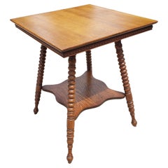 Antique American Classical Two-Tier Square Oak Bobbin Legs Parlor Table, C 1930s
