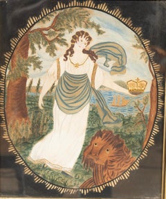 American Classical Watercolor On Paper Of A Female Figure By A Lion And Crown