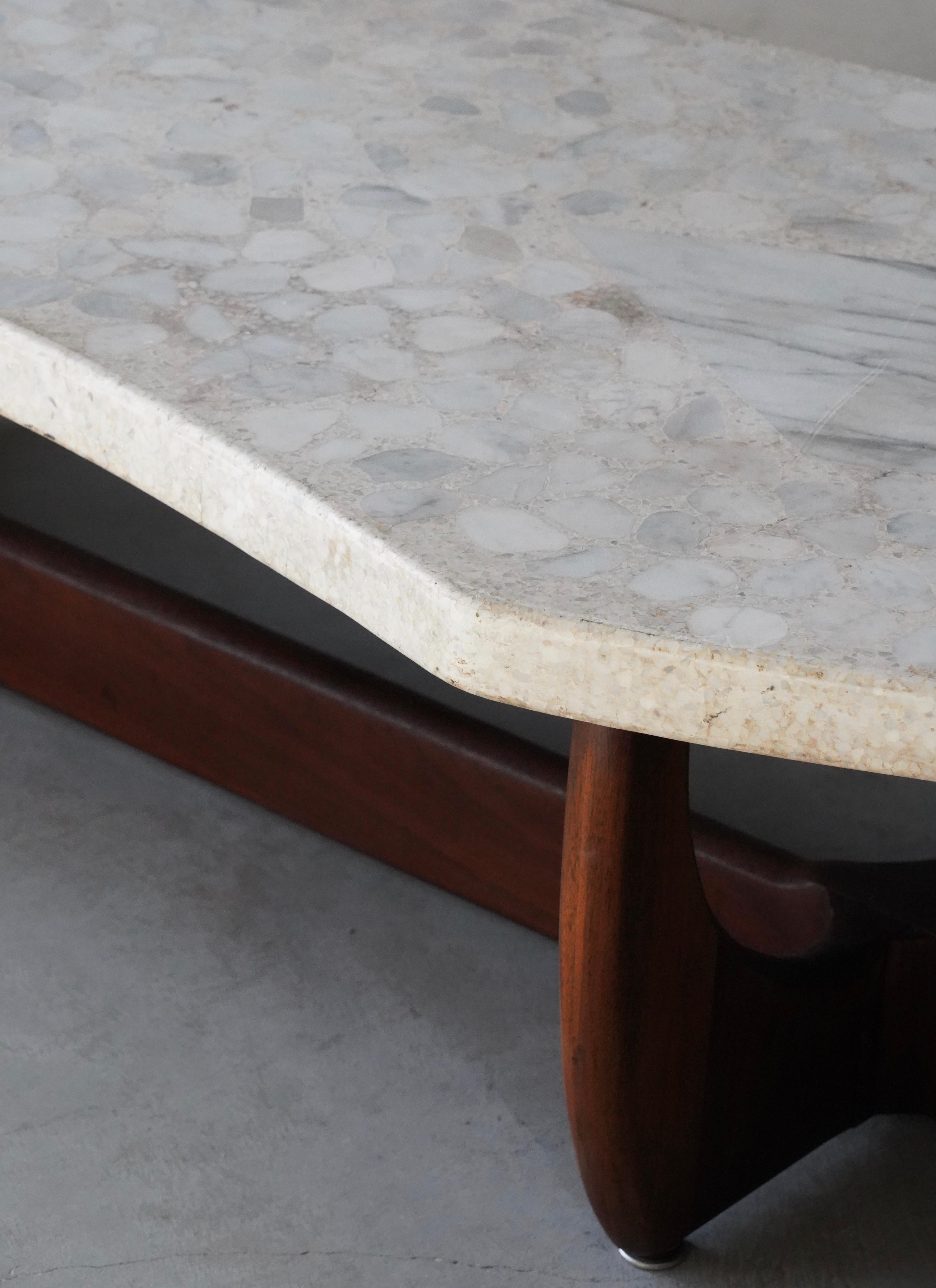 Mid-Century Modern American, Cocktail Table, Terrazzo, Carrara Marble, Walnut, United States, 1950s For Sale
