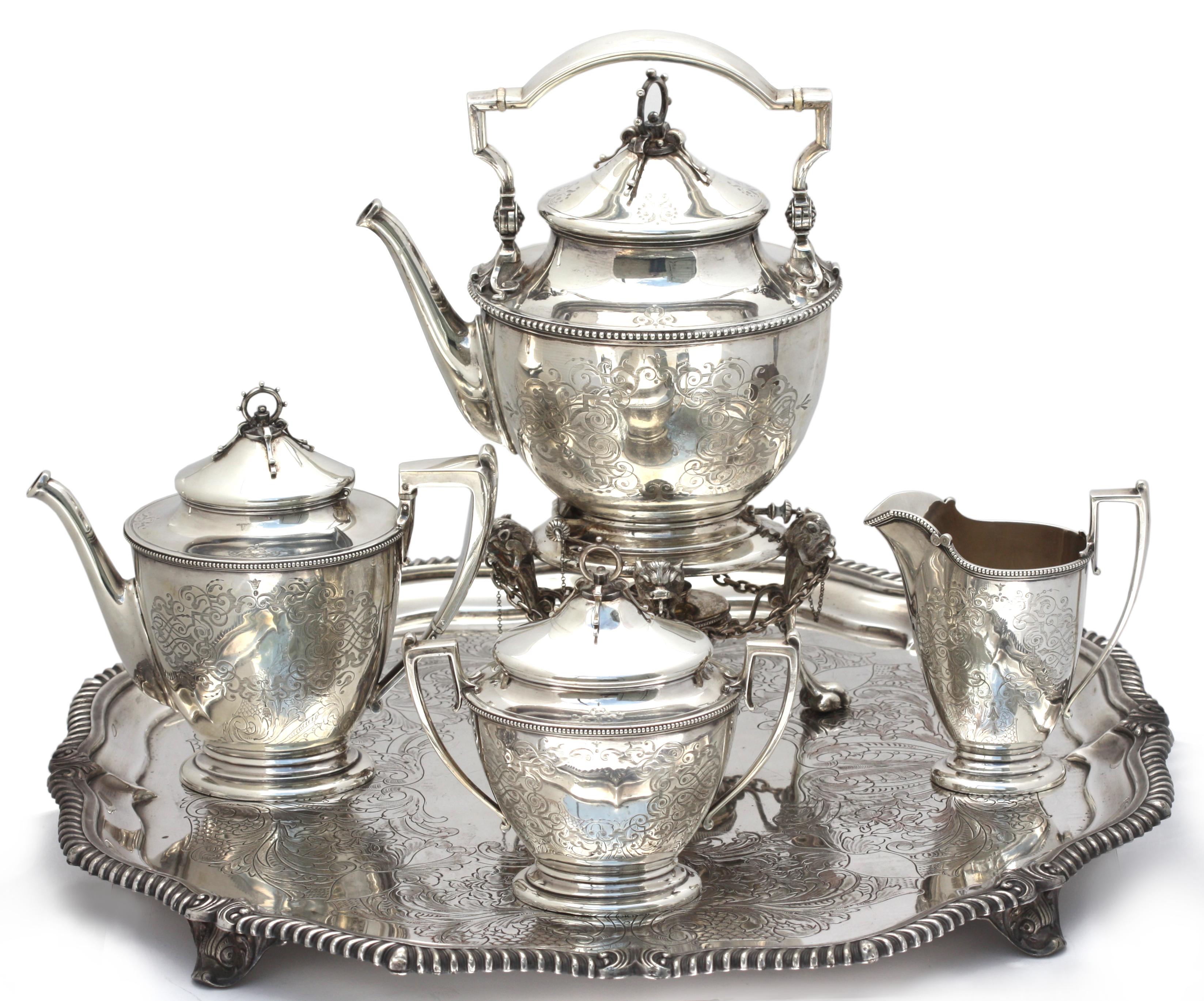 American Coin Silver Four-Piece Tea Service w/ English Plated Tray For Sale 7