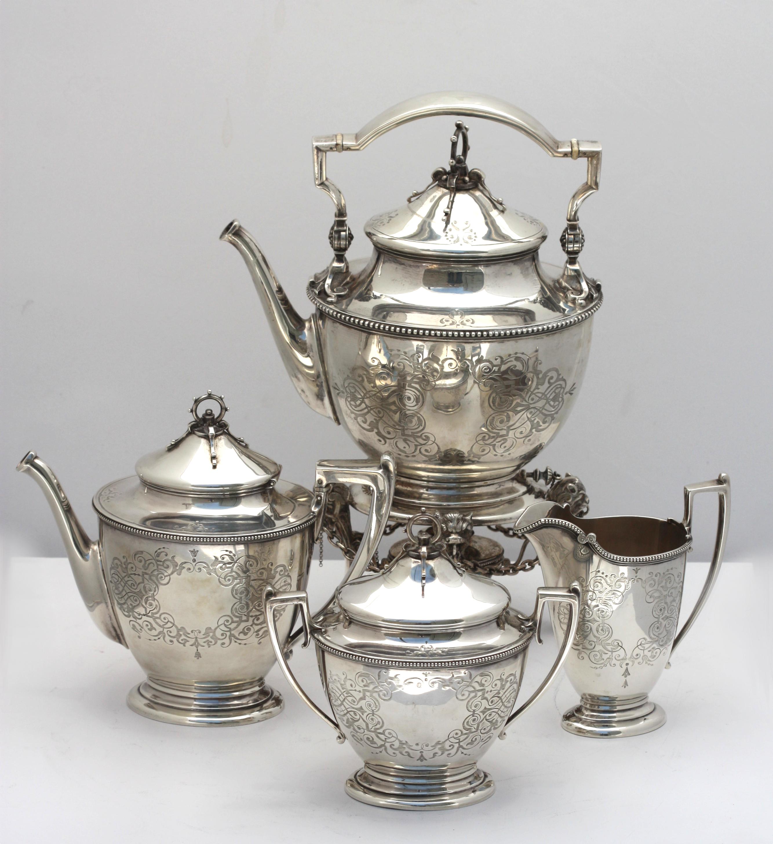
American Coin Silver Four-Piece Tea Service with an English Silver Plate Tray
1860-1876. Each piece marked Ball, Black & Co.,
New York, 925 over 1000 in a shield, probable maker, John R. Wendt.
Comprising: teapot, creamer, covered sugar bowl, and