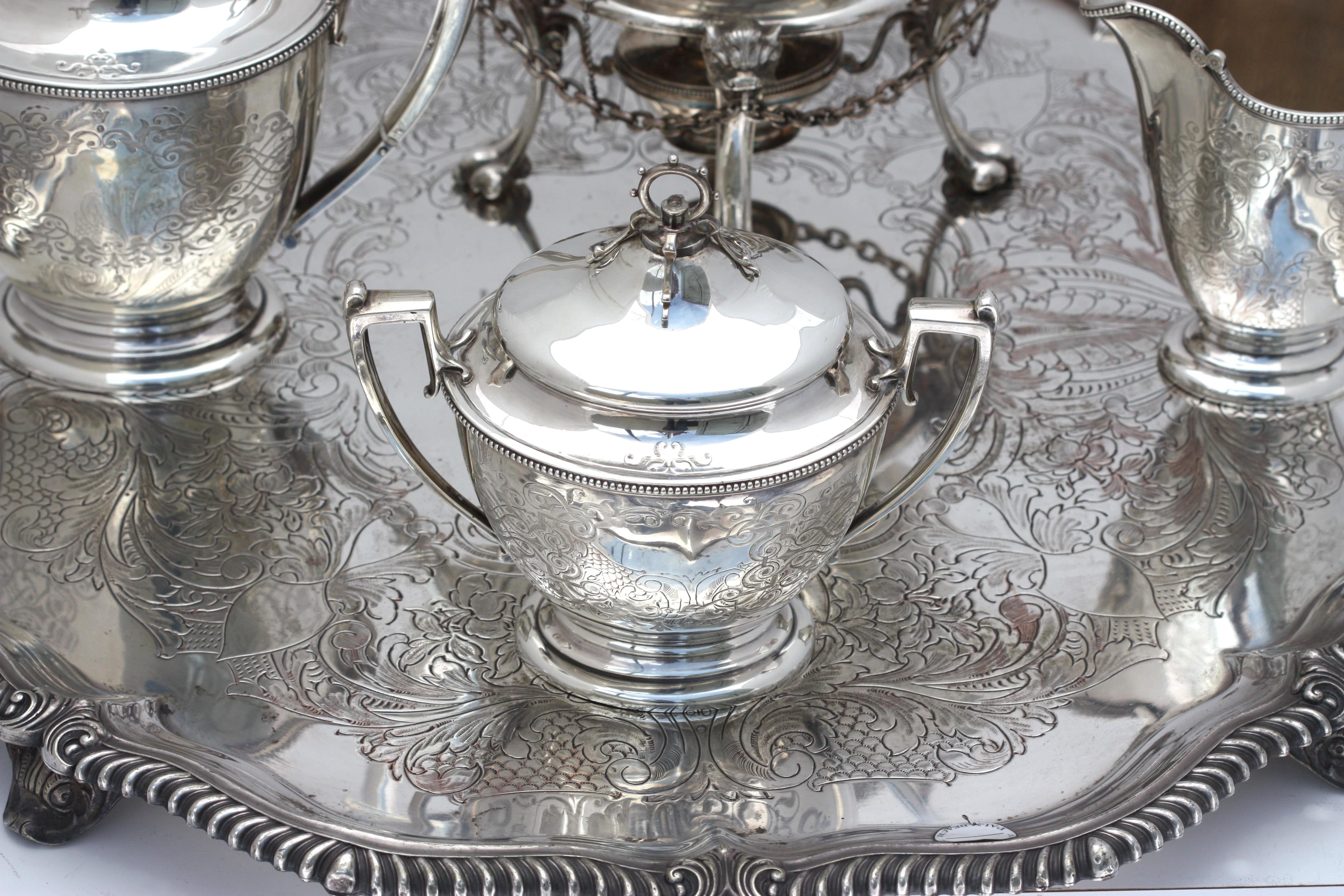 American Coin Silver Four-Piece Tea Service w/ English Plated Tray In Good Condition For Sale In West Palm Beach, FL