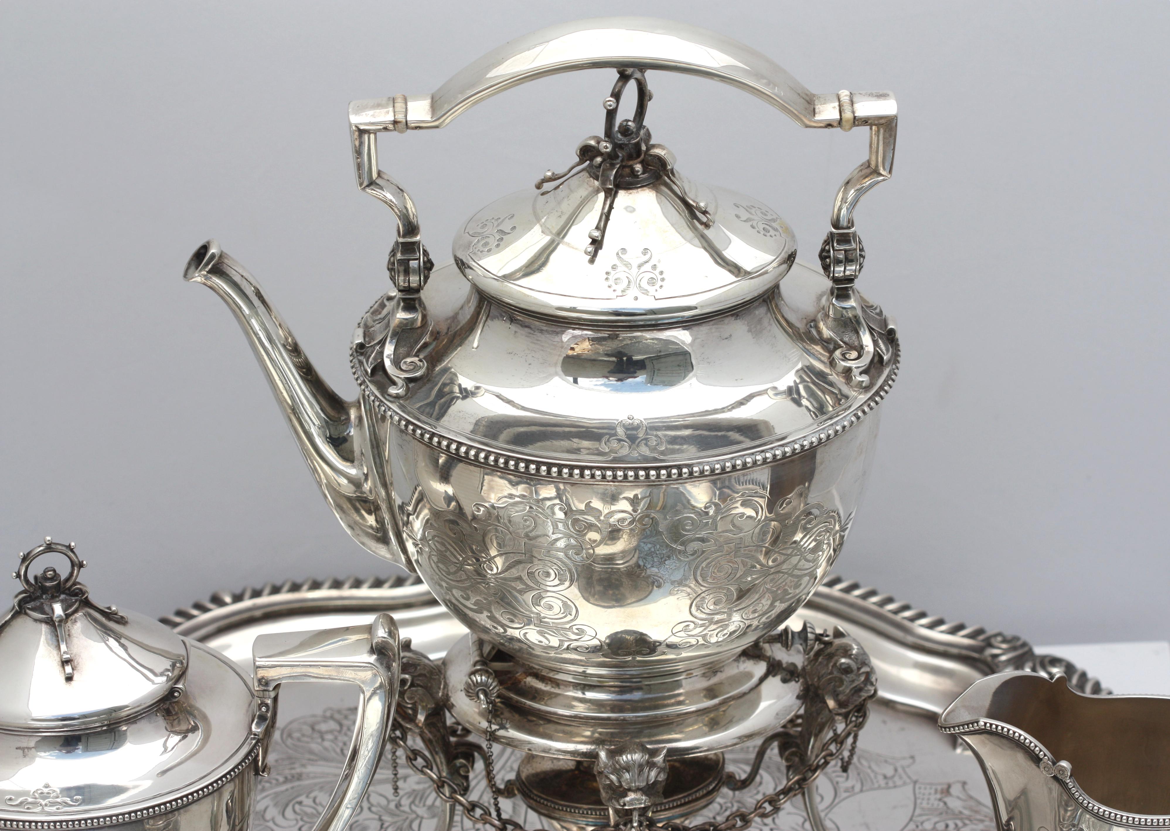 American Coin Silver Four-Piece Tea Service w/ English Plated Tray For Sale 2