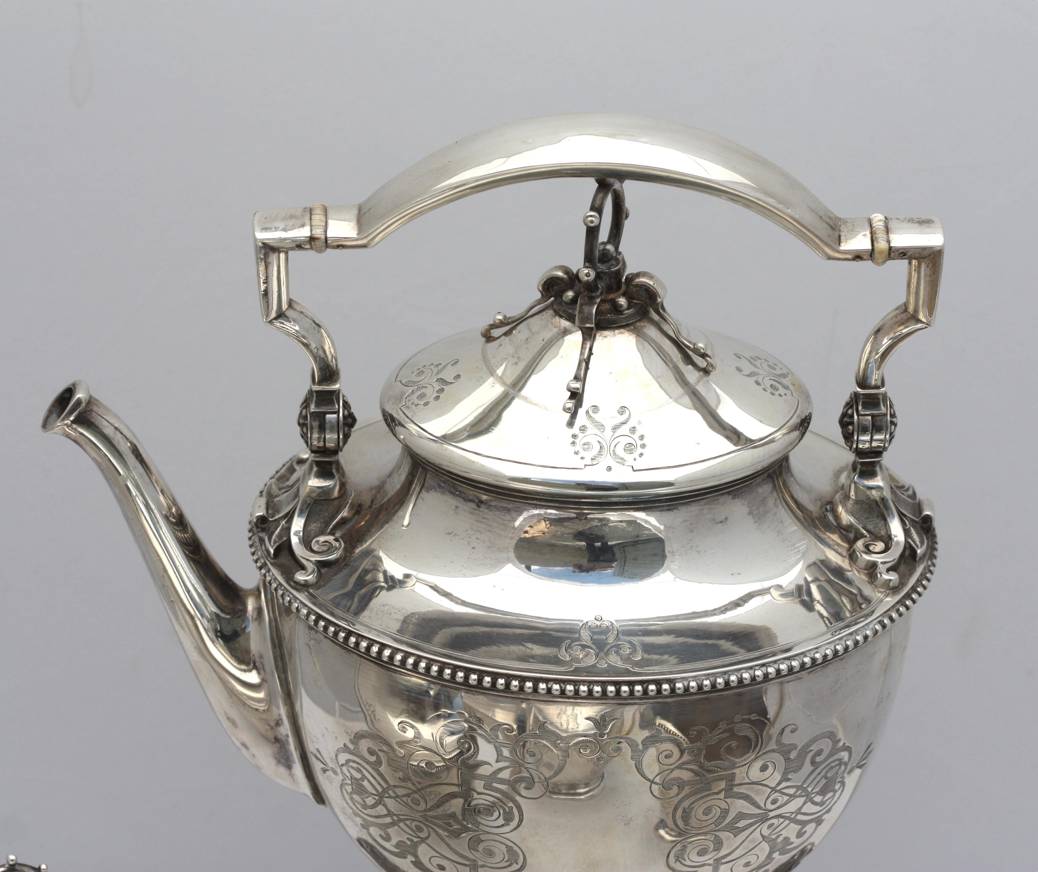 American Coin Silver Four-Piece Tea Service w/ English Plated Tray For Sale 3
