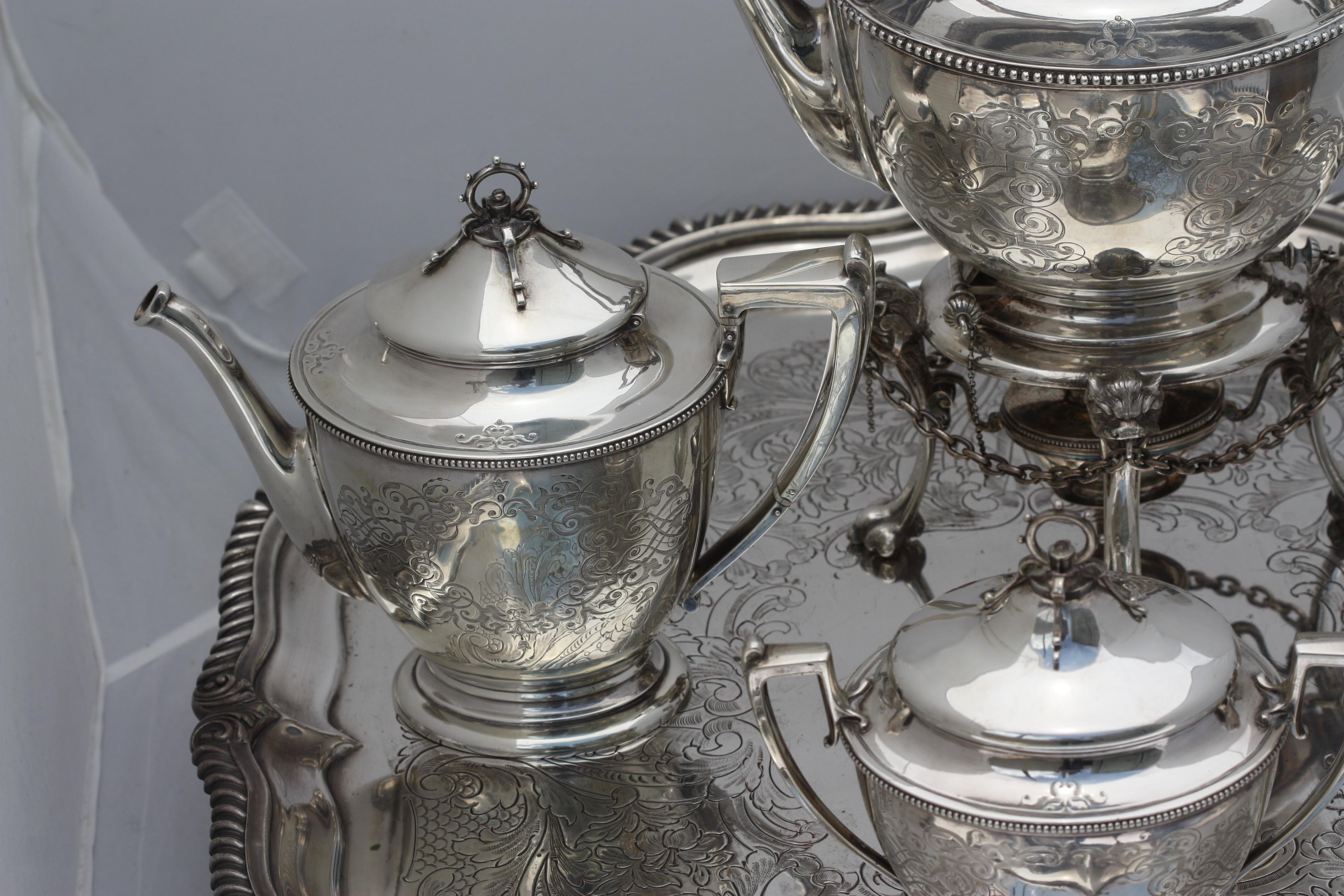 American Coin Silver Four-Piece Tea Service w/ English Plated Tray For Sale 4