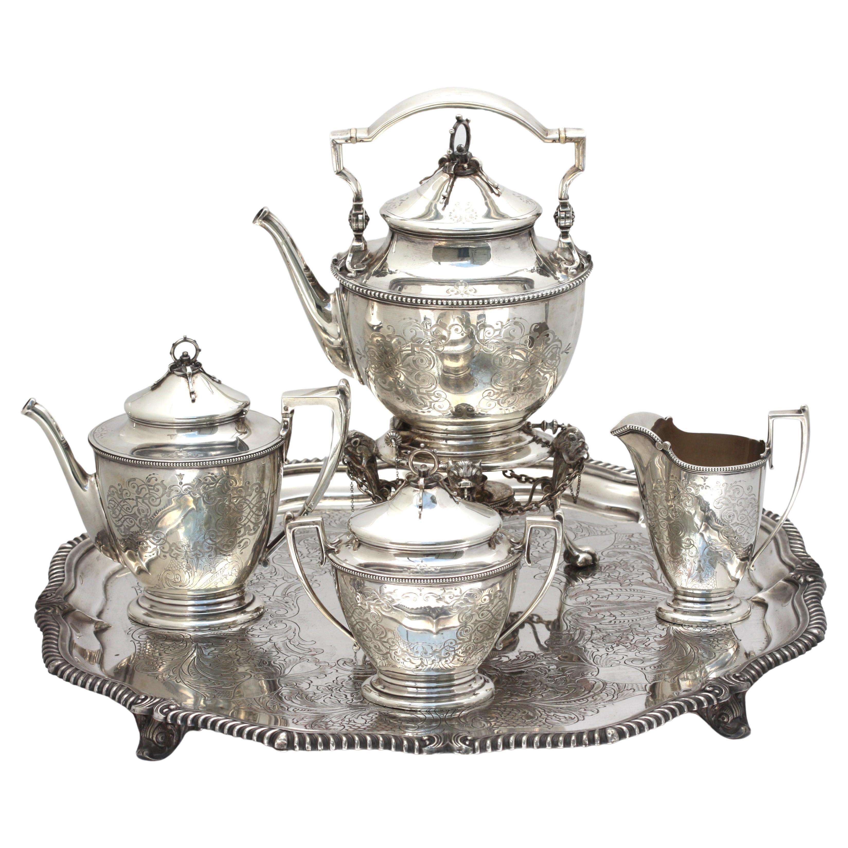 American Coin Silver Four-Piece Tea Service w/ English Plated Tray