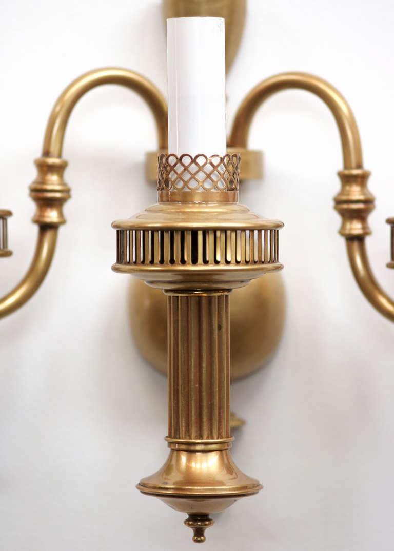 American Colonial Brass Converted Oil Lamp Wall Sconce For Sale at 1stDibs