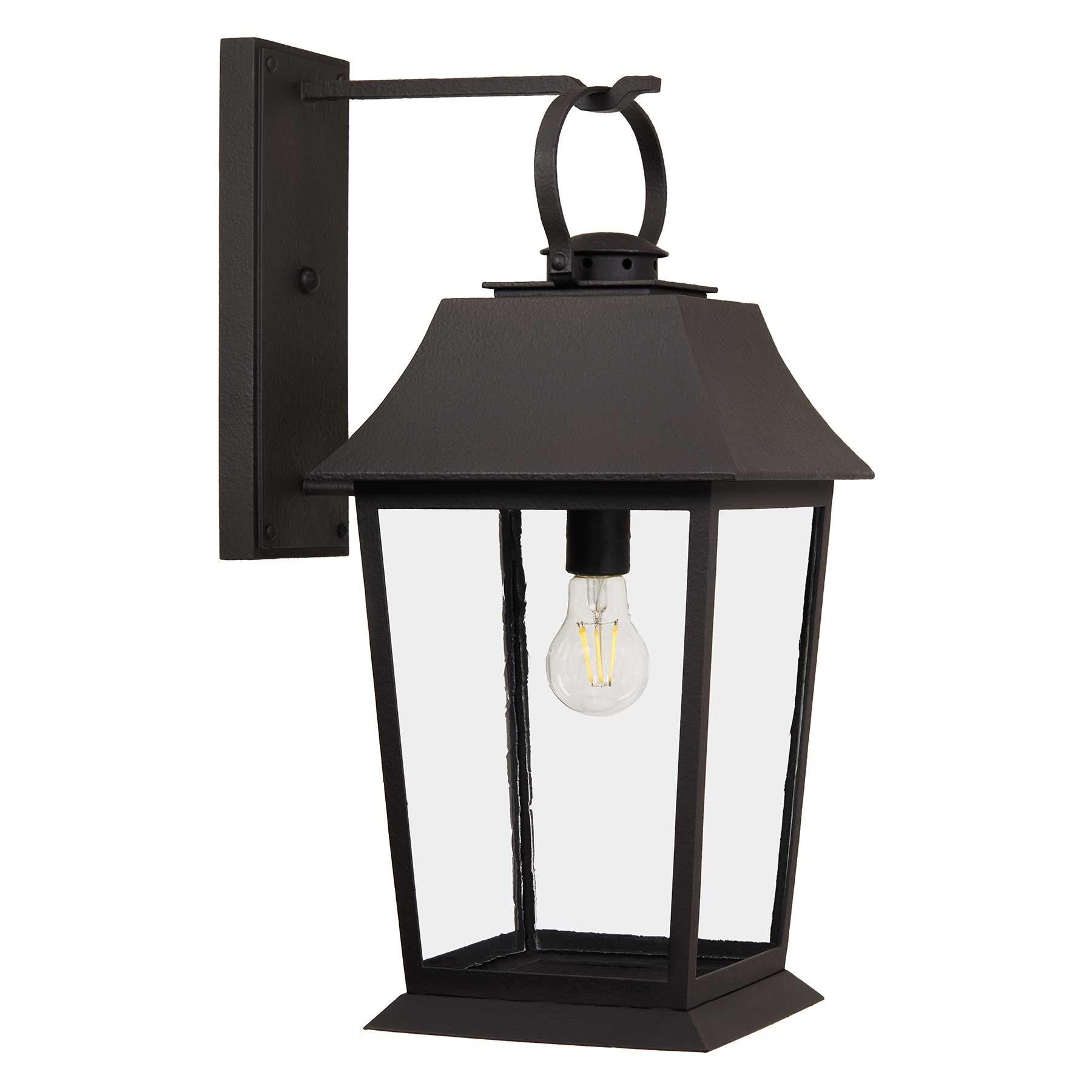 Forged American Colonial Handcrafted Wrought Iron Lantern, Old World, Antique Glass For Sale