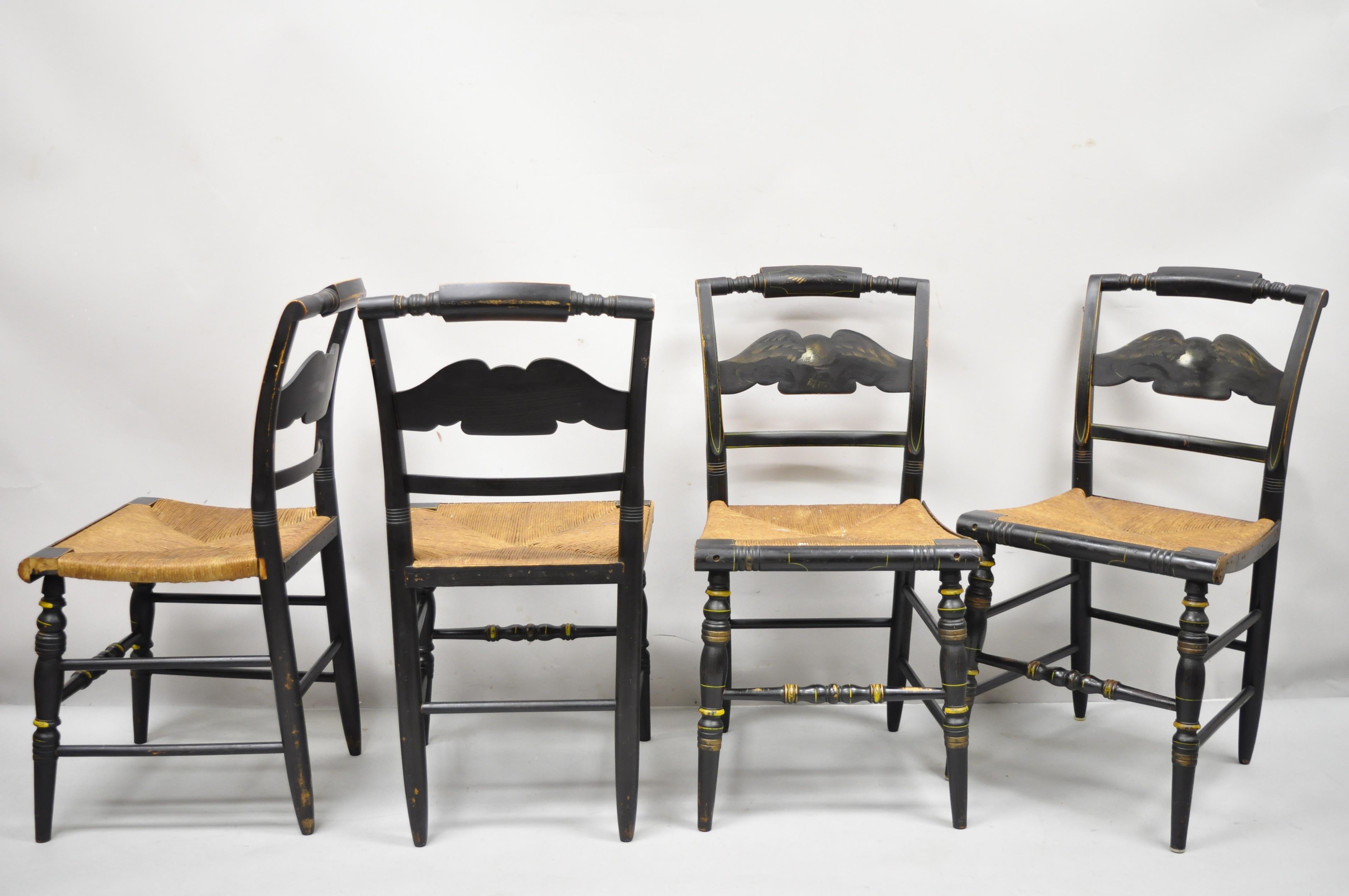 19th century American Colonial L. Hitchcock black stenciled rush seat dining chairs - Set of 4. Item features woven rush seat, eagle stencil painted backs, solid wood construction, original signature, very nice antique set, quality American