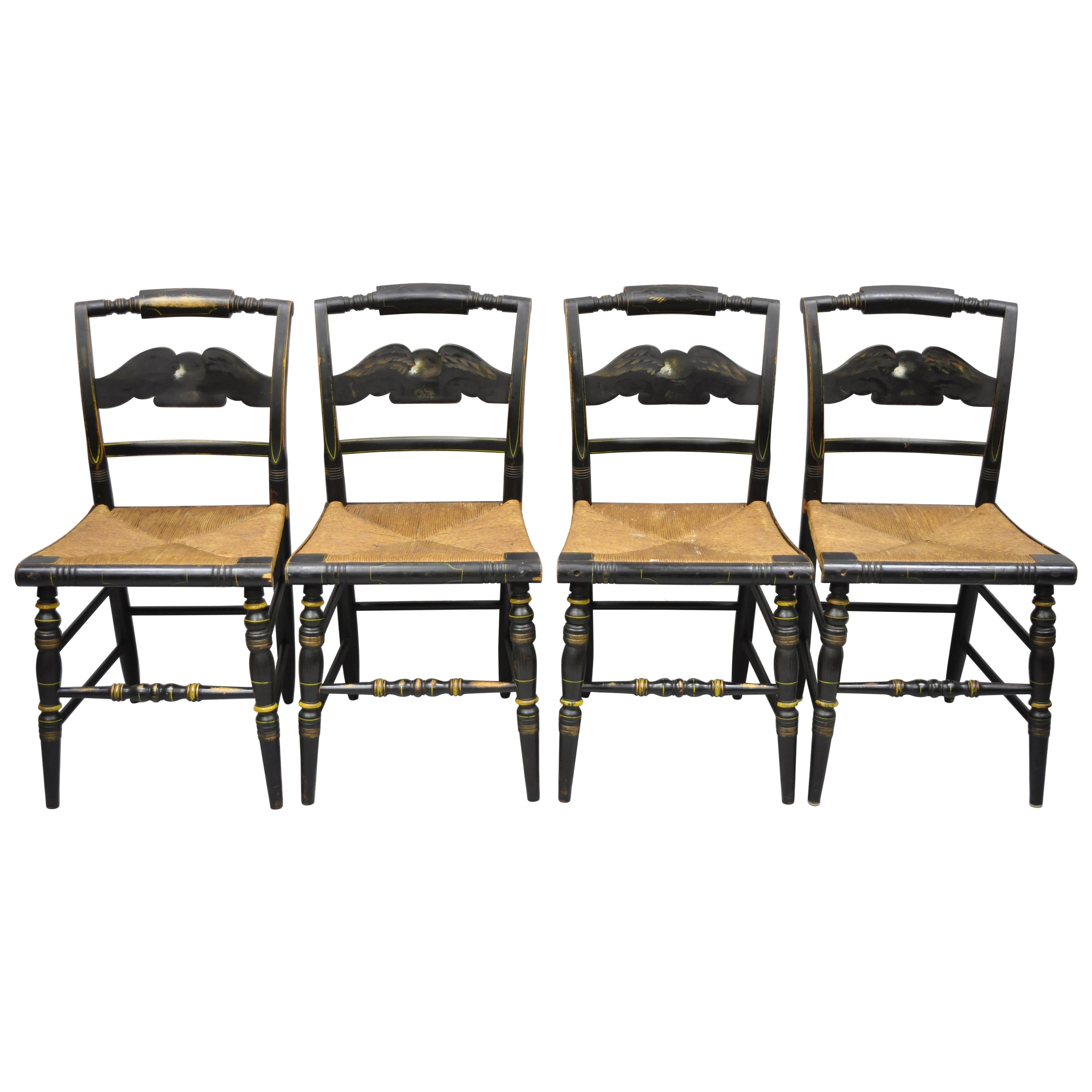 American Colonial L Hitchcock Black Stenciled Rush Seat Dining Chairs, Set of 4