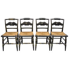 Antique American Colonial L Hitchcock Black Stenciled Rush Seat Dining Chairs, Set of 4