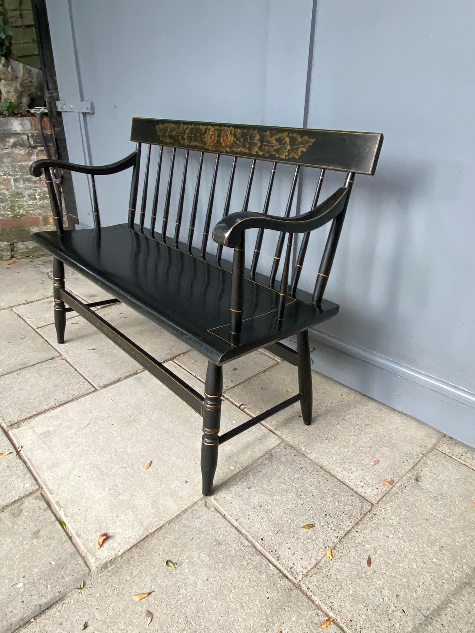 American Colonial L. Hitchcock Solid Maple Black Harvest Deacons Bench, C. 1950s 2