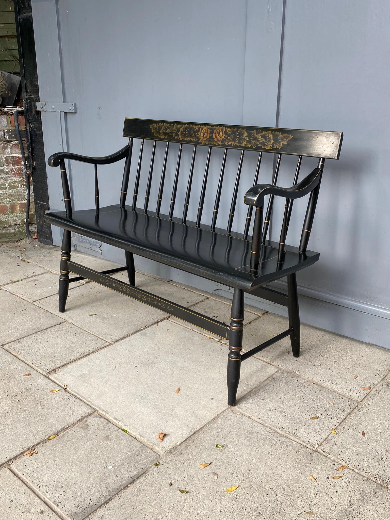 American Colonial L. Hitchcock Solid Maple Black Harvest Deacons Bench, C. 1950s 3