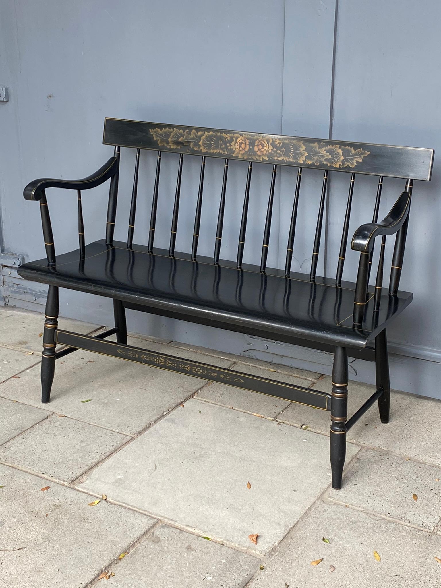 American Colonial L. Hitchcock Solid Maple Black Harvest Deacons Bench, C. 1950s 4