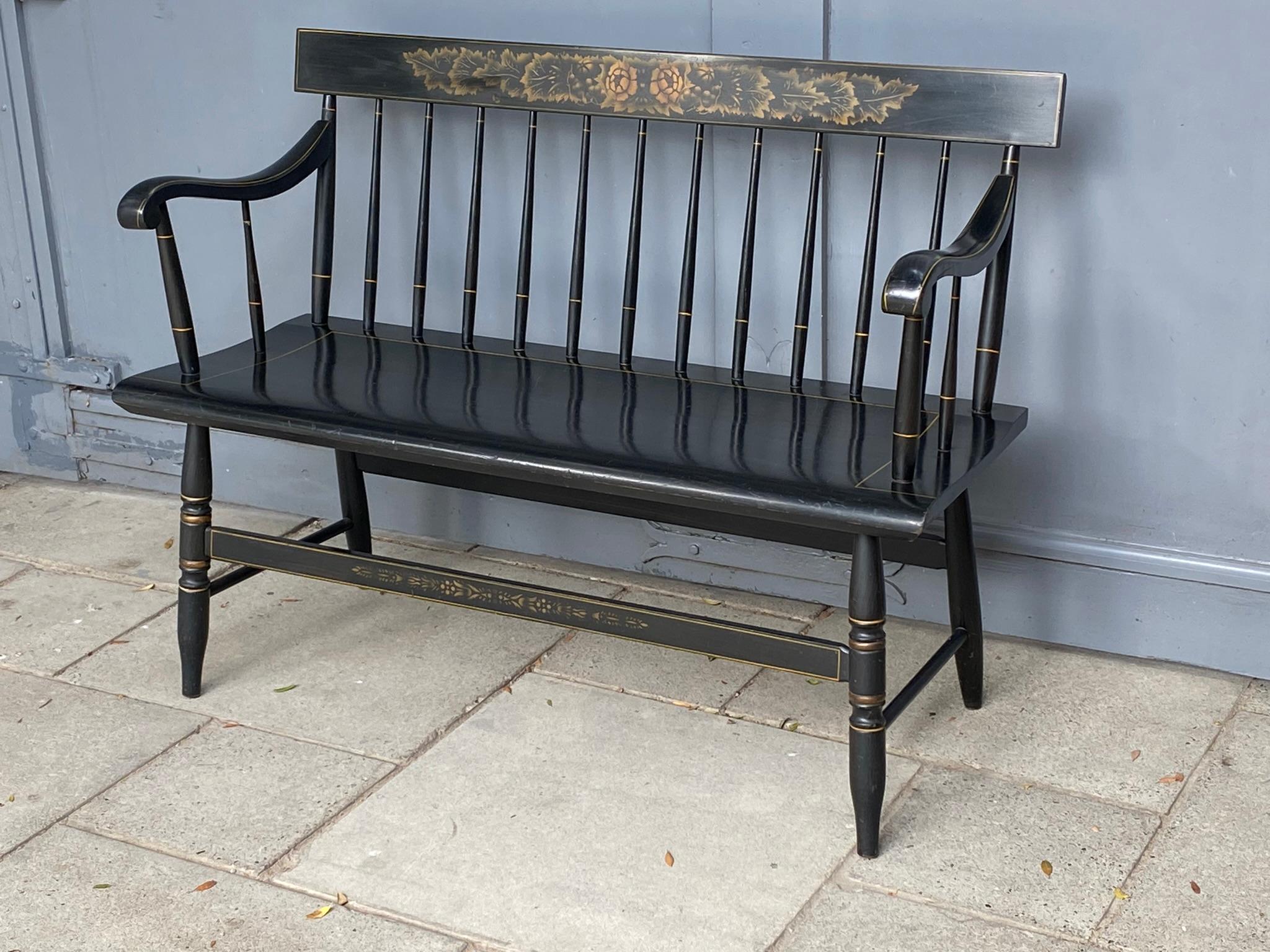 American Colonial L. Hitchcock Solid Maple Black Harvest Deacons Bench, C. 1950s 5