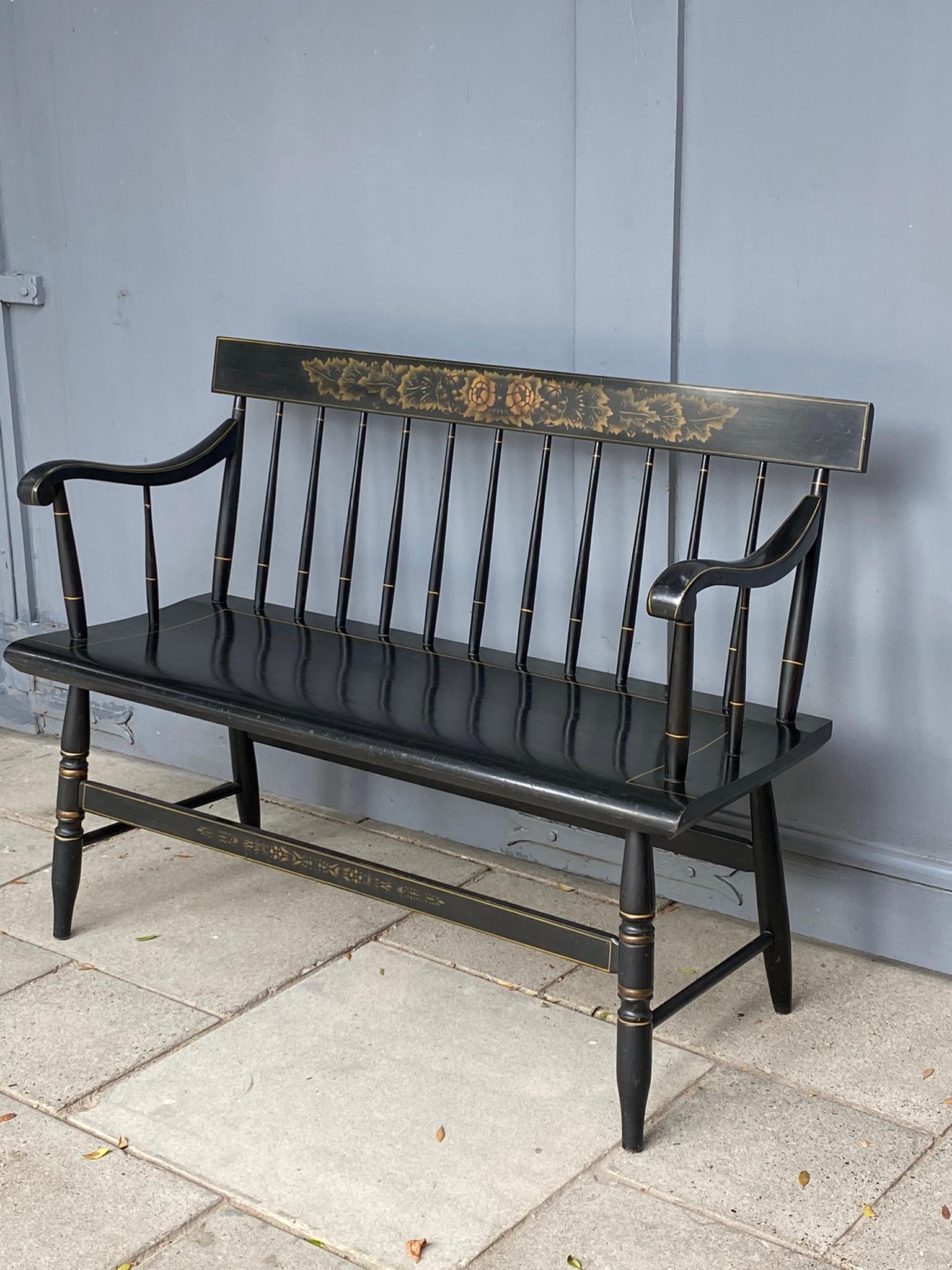 American Colonial L. Hitchcock Solid Maple Black Harvest Deacons Bench, C. 1950s 6