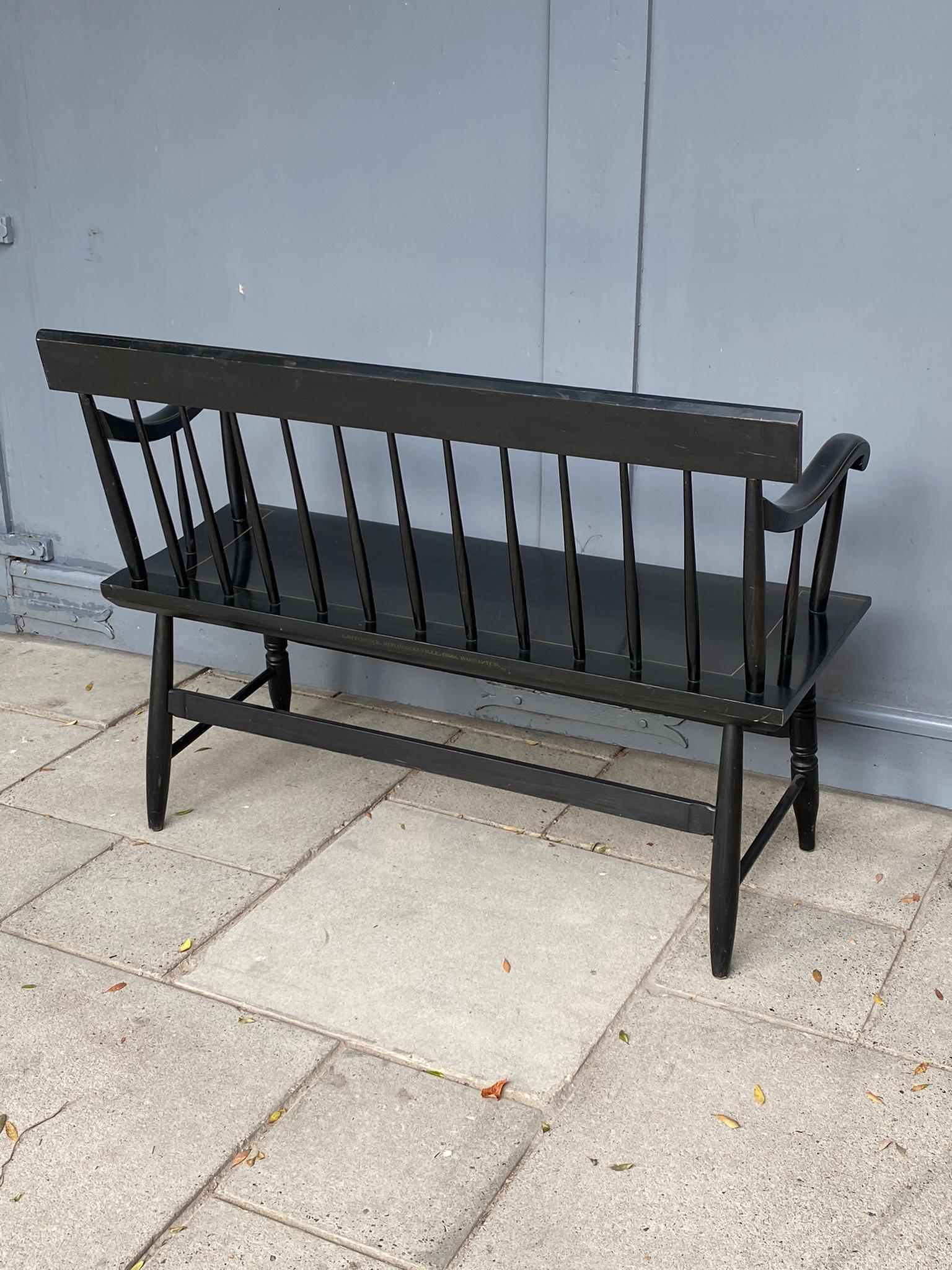 American Colonial L. Hitchcock Solid Maple Black Harvest Deacons Bench, C. 1950s 10